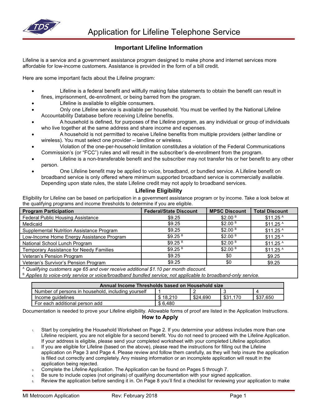 TDS Telecom Application for Lifeline Telephone Service