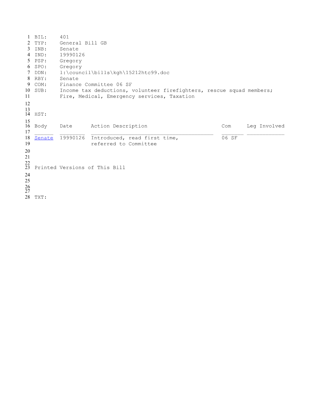 1999-2000 Bill 401: Income Tax Deductions, Volunteer Firefighters, Rescue Squad Members;