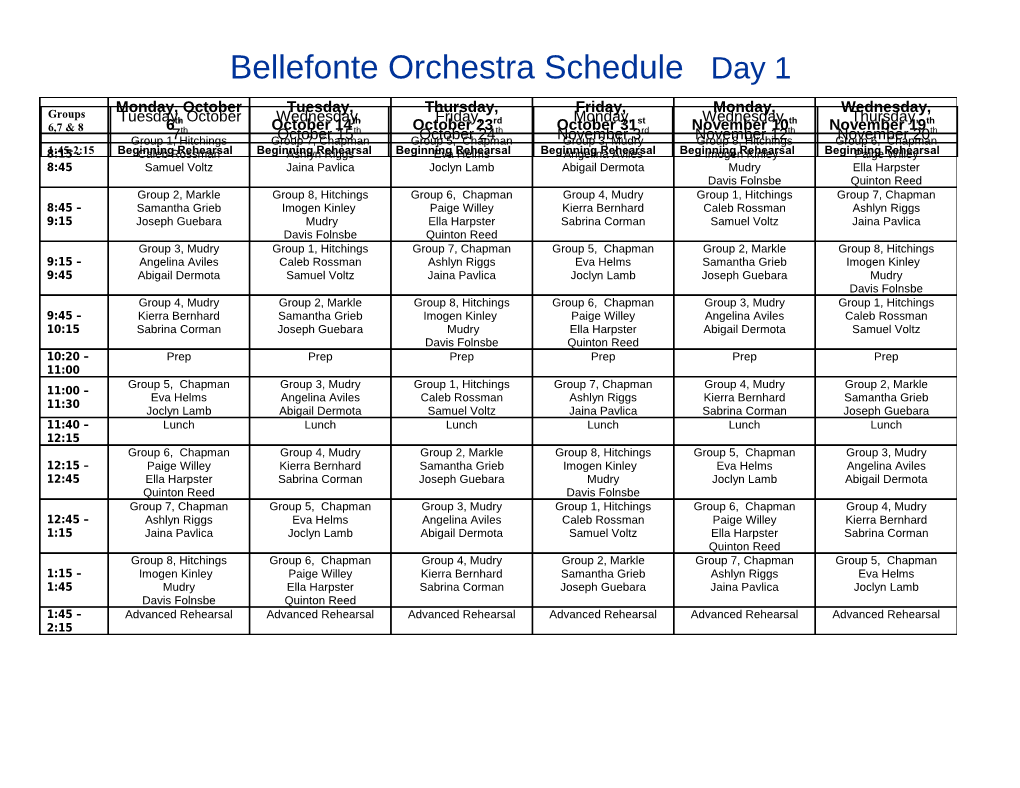 Bellefonte Orchestra Schedule Day 1