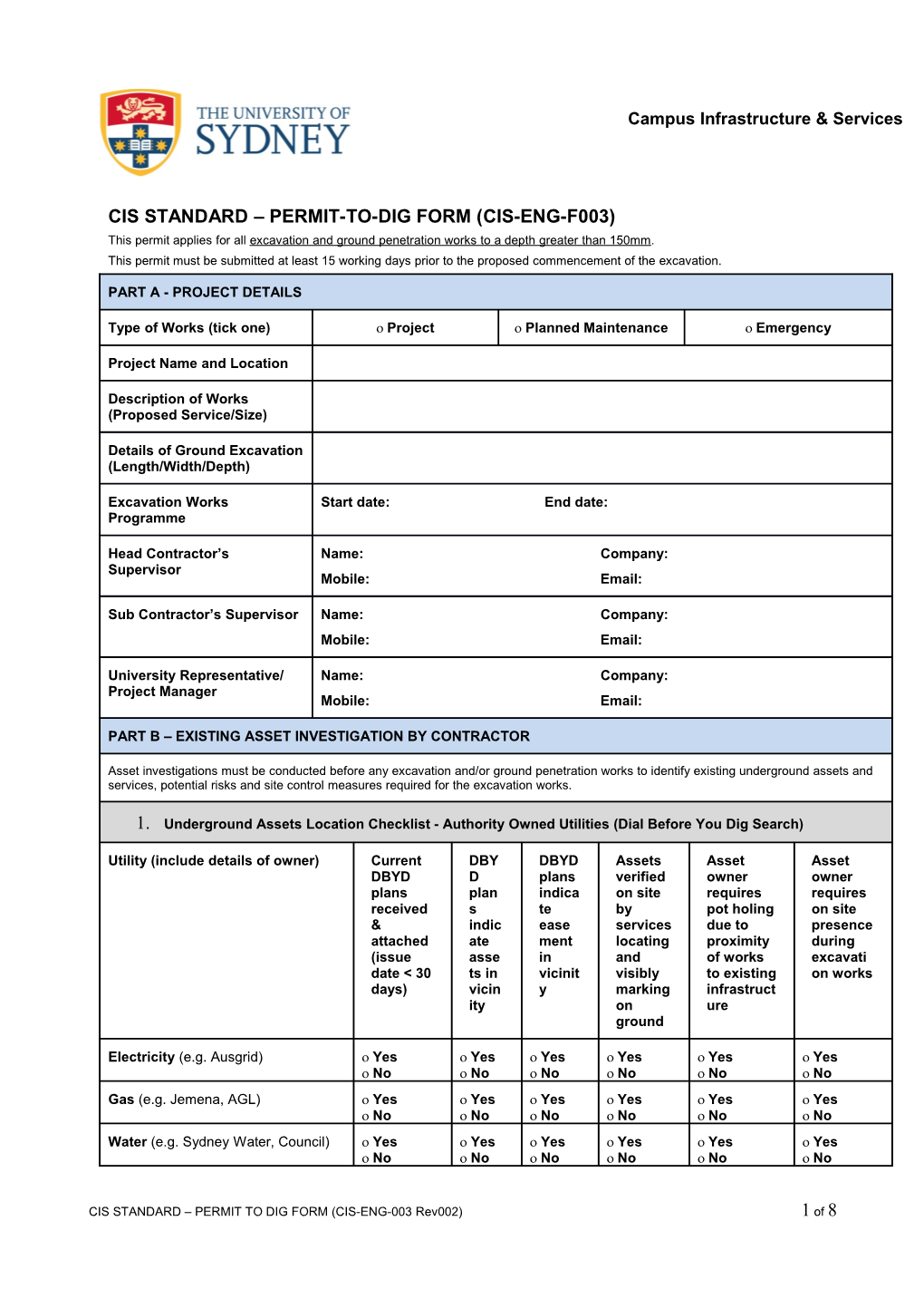 Cis Standard Permit-To-Dig Form (Cis-Eng-F003)