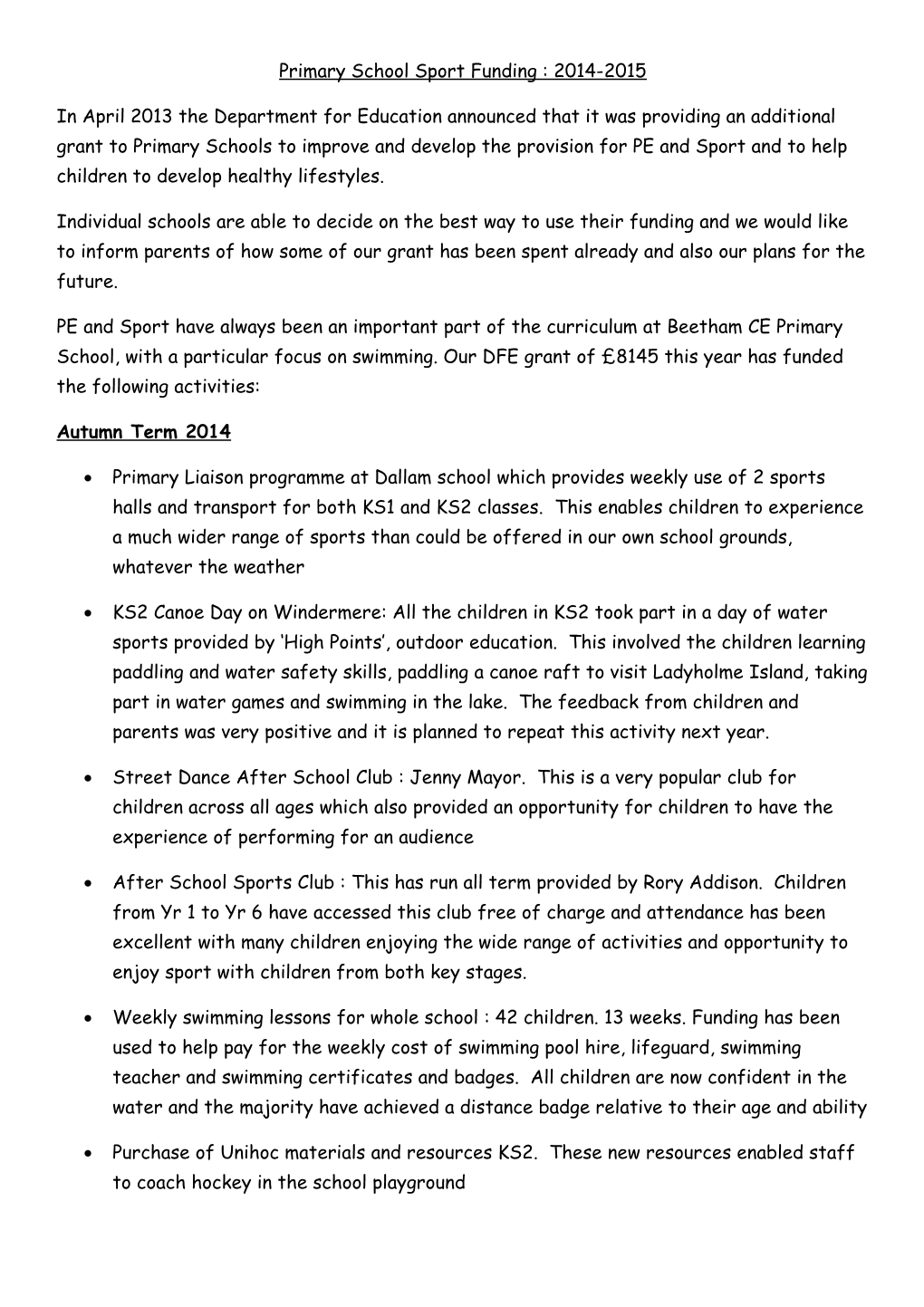 Primary School Sport Funding : 2014-2015