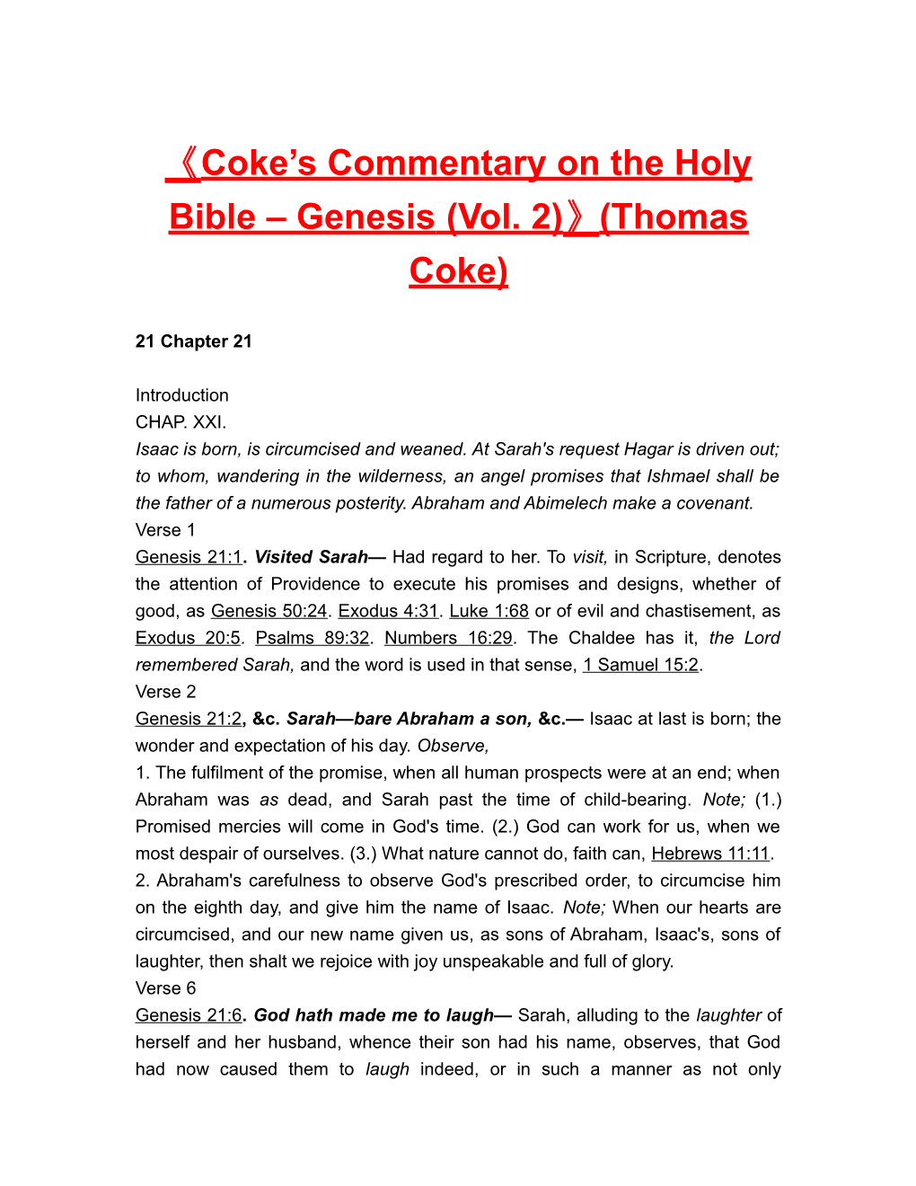 Coke S Commentary on the Holy Bible Genesis (Vol. 2) (Thomas Coke)