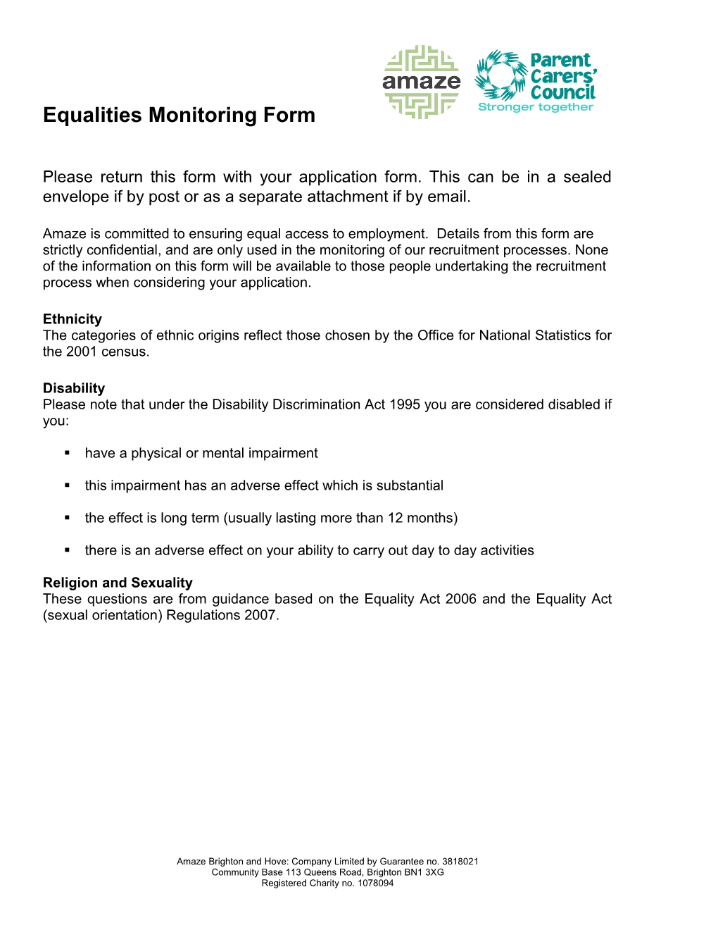 Equalities Monitoring Form