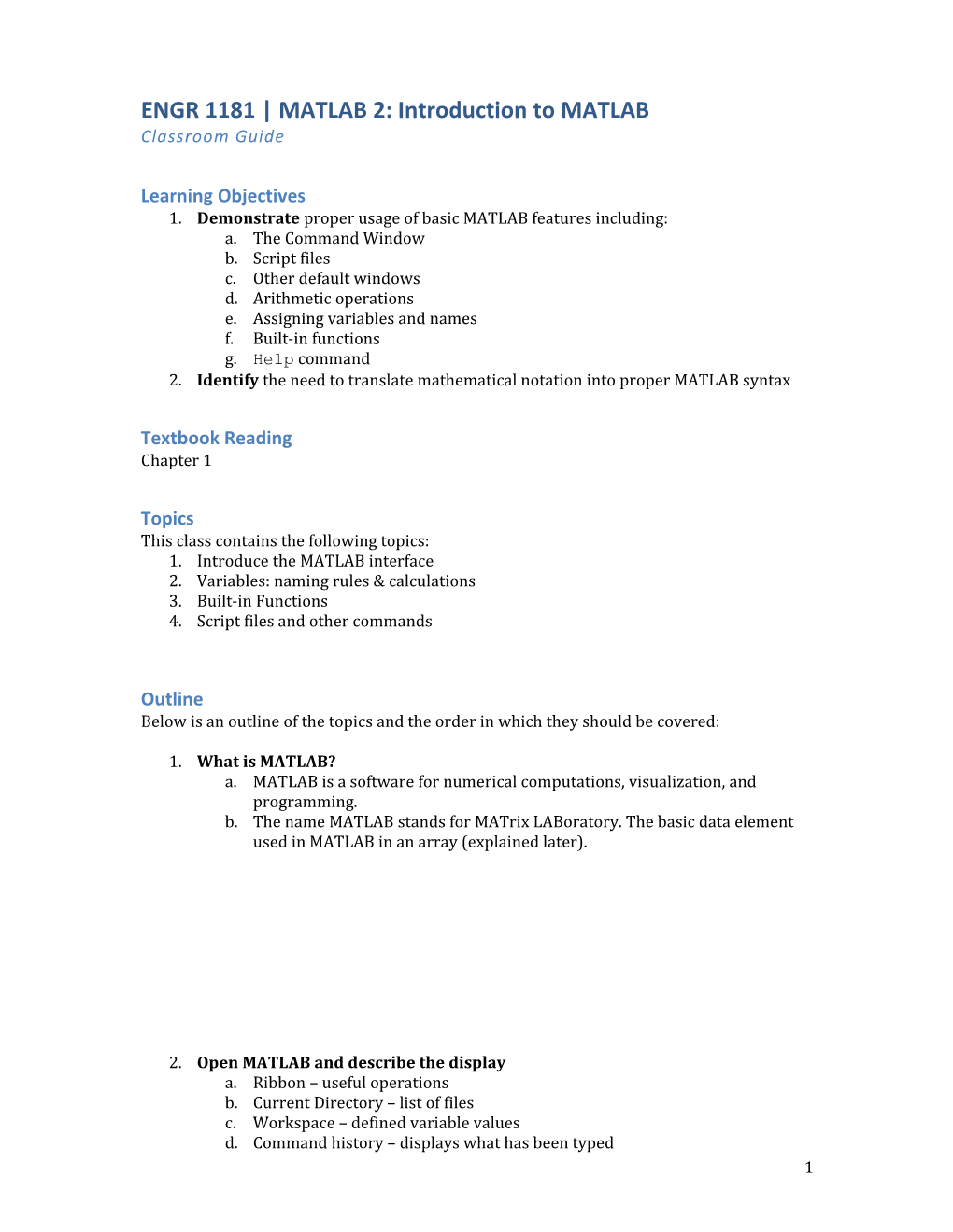 ENGR 1181 MATLAB 2: Introduction to MATLAB