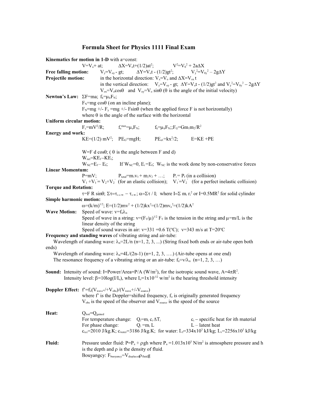 Formula Sheet for Physics 1111 Final Exam