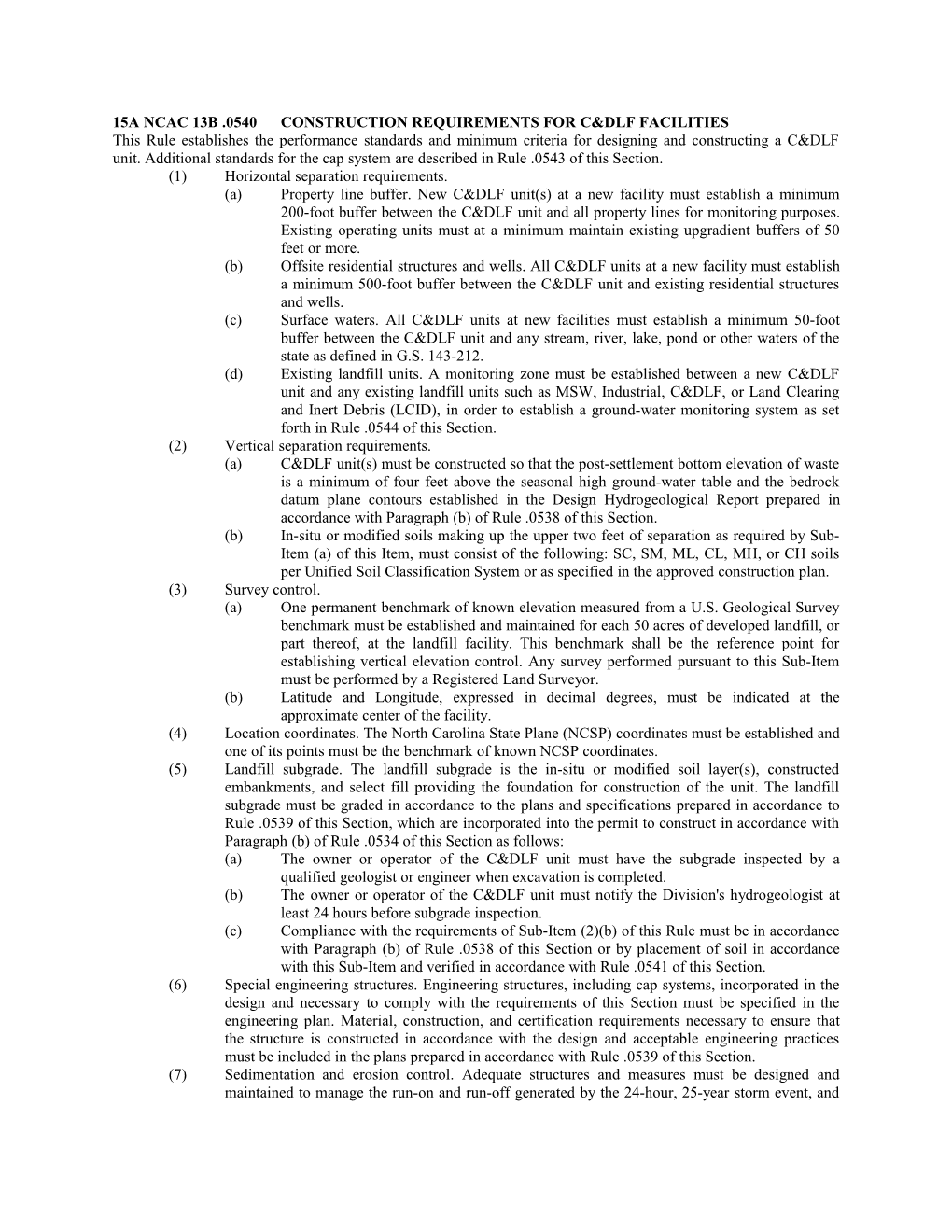 15A Ncac 13B .0540Construction Requirements for C&Dlf Facilities