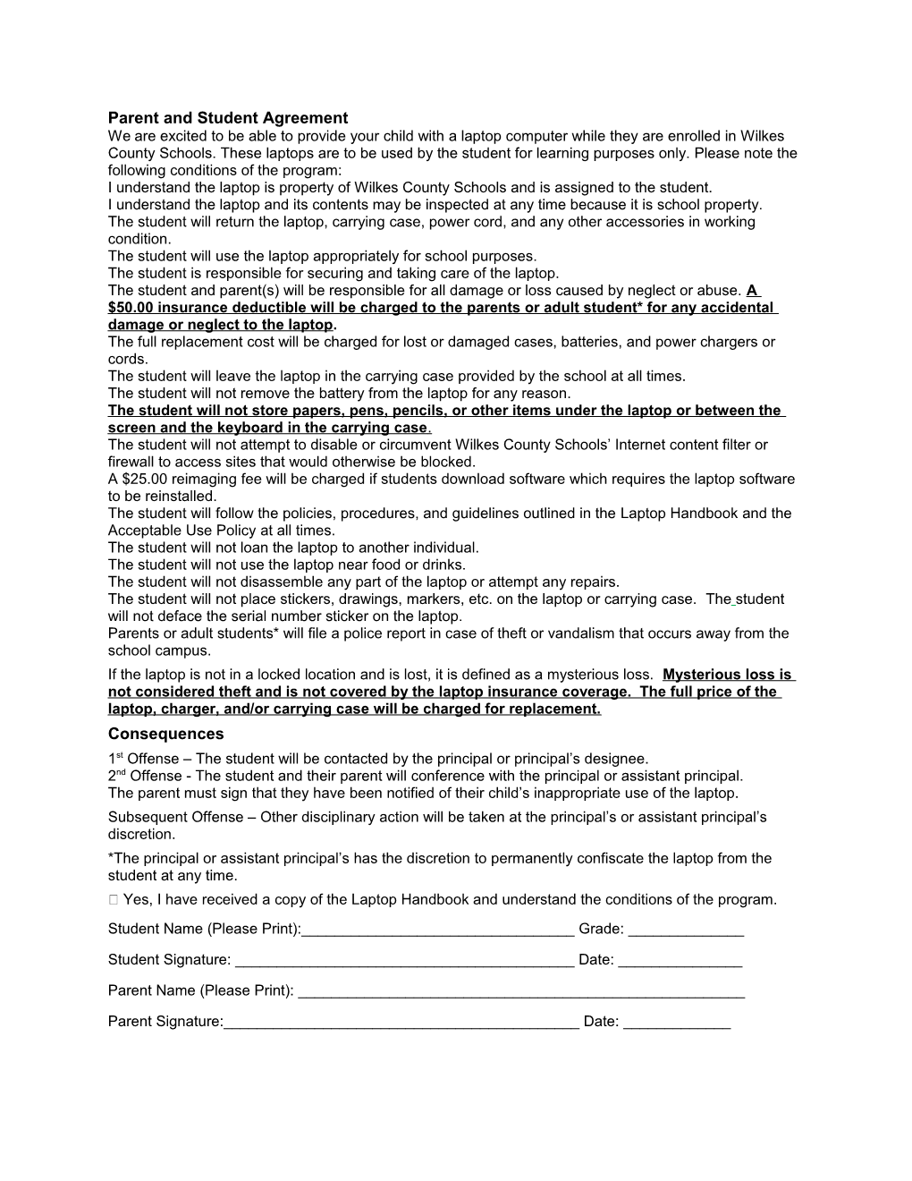 Parent and Student Agreement