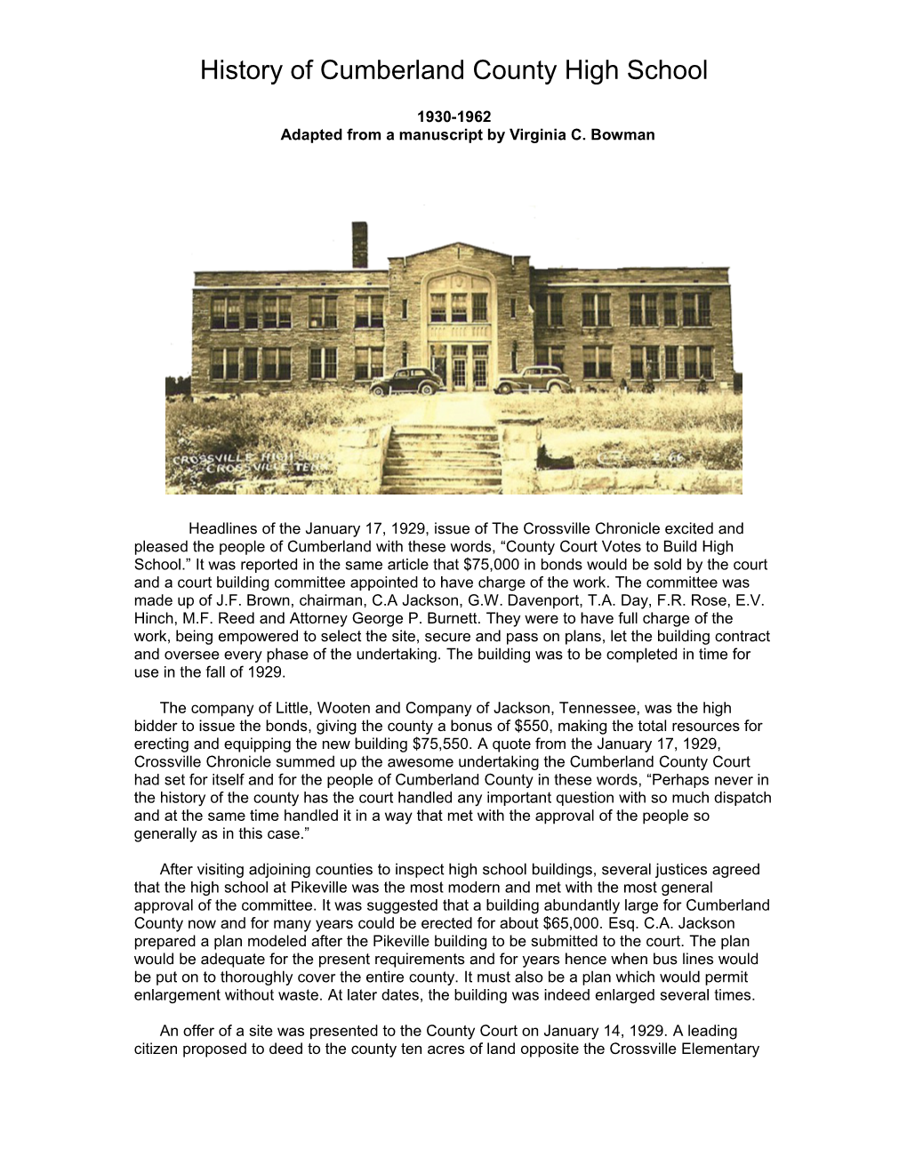 History of Cumberland County High School