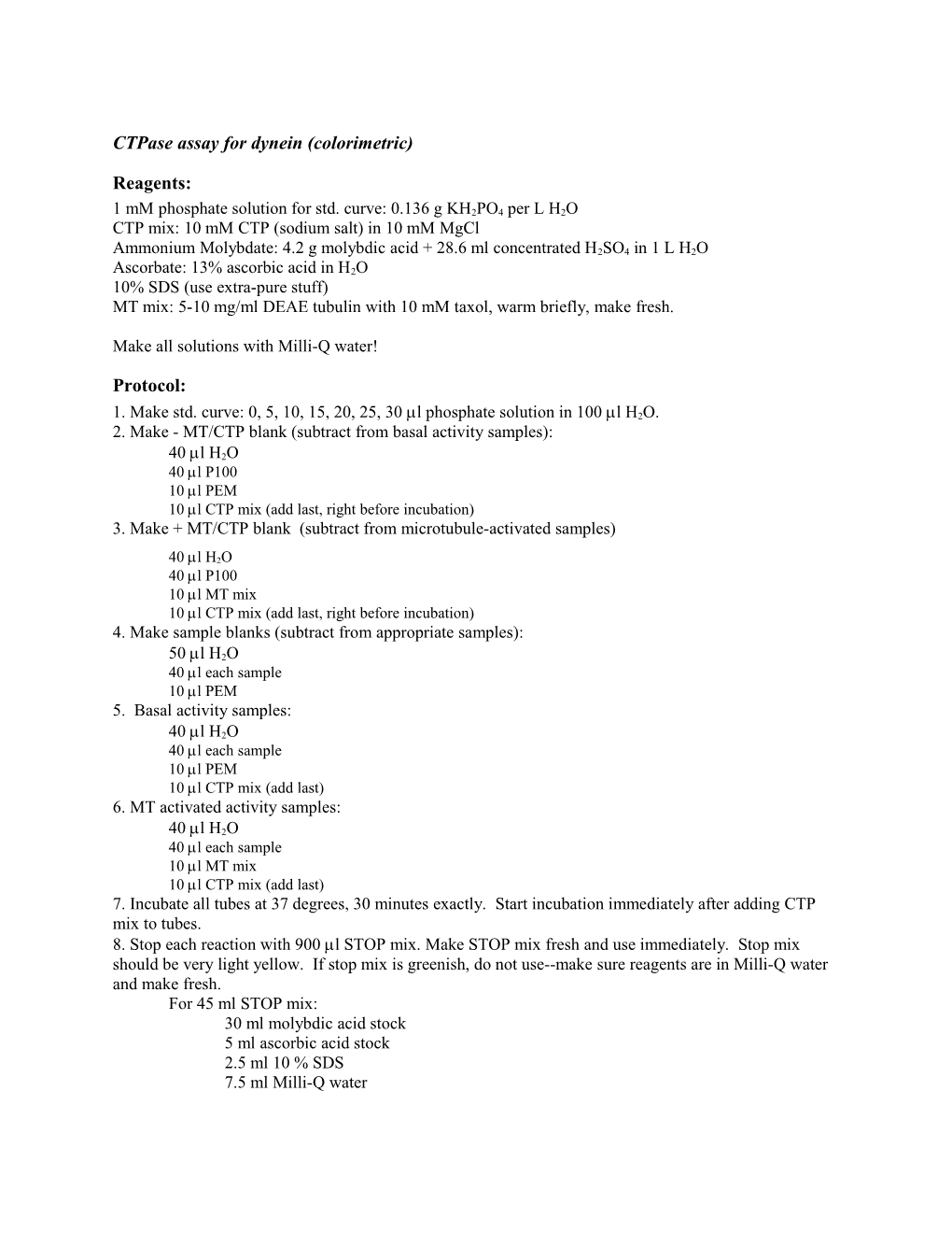 Ctpase Assay for Dynein (Colorimetric)