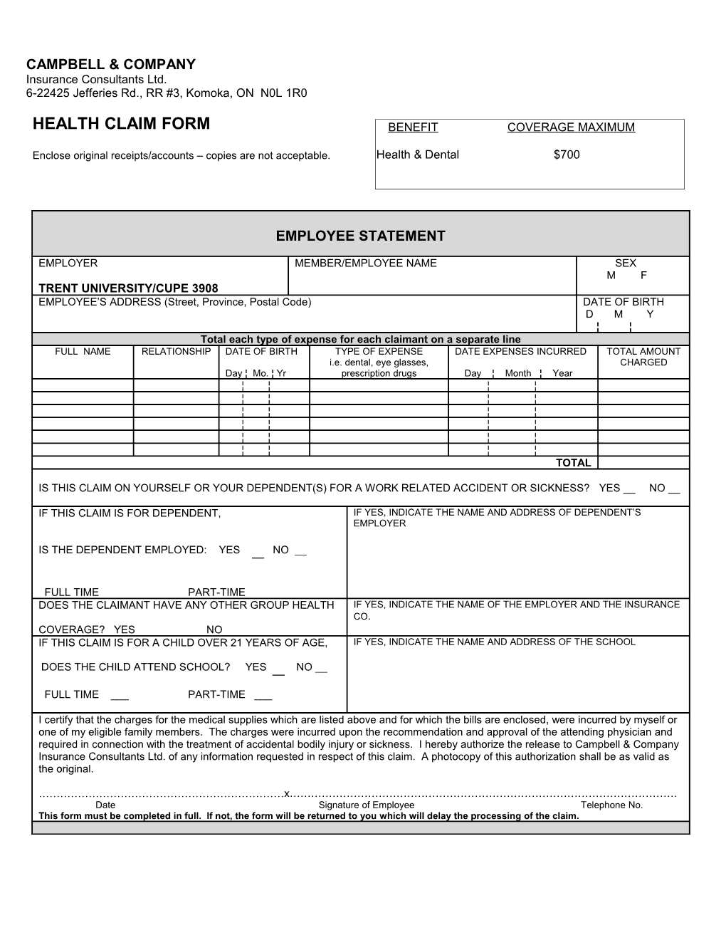 Claim for Health Expense Benefits