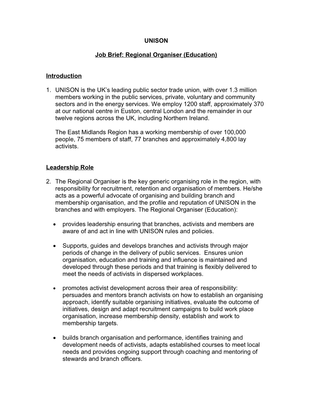 Job Brief, JD and Person Spec - Regional Organiser (Education) - North West Region - February