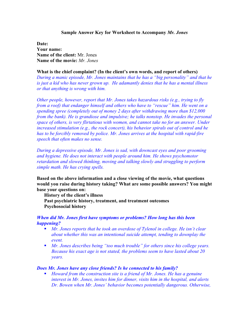 Sample Answer Key for Worksheet to Accompany Mr