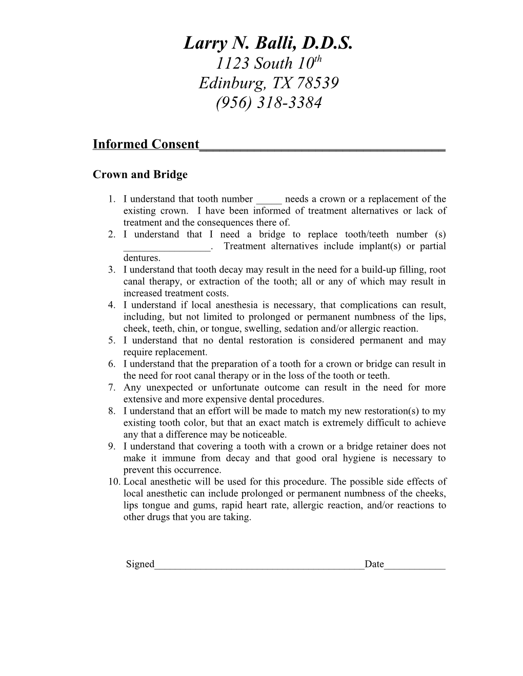 Crown and Bridge Consent Form