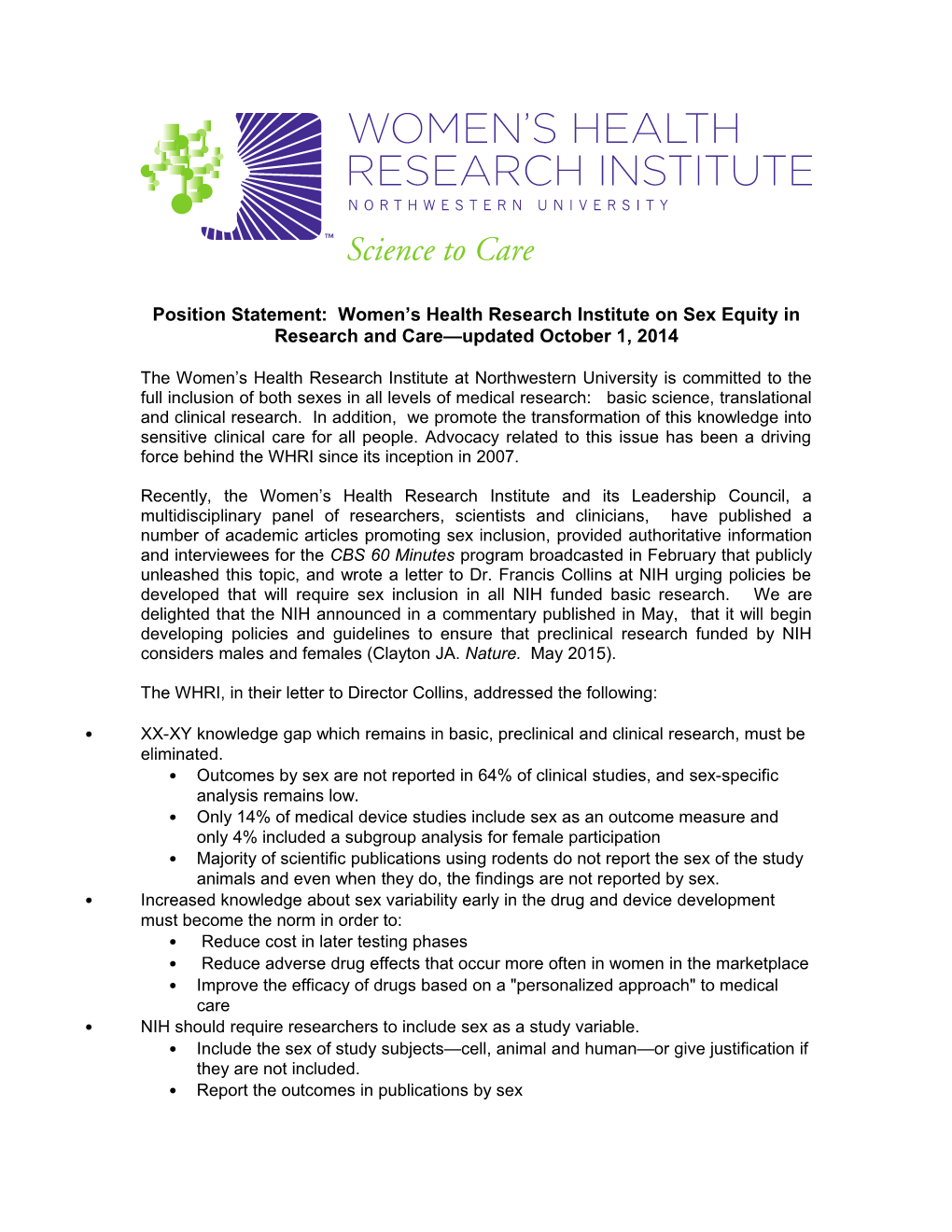 Position Statement: Women S Health Research Institute on Sex Equity in Research and Care