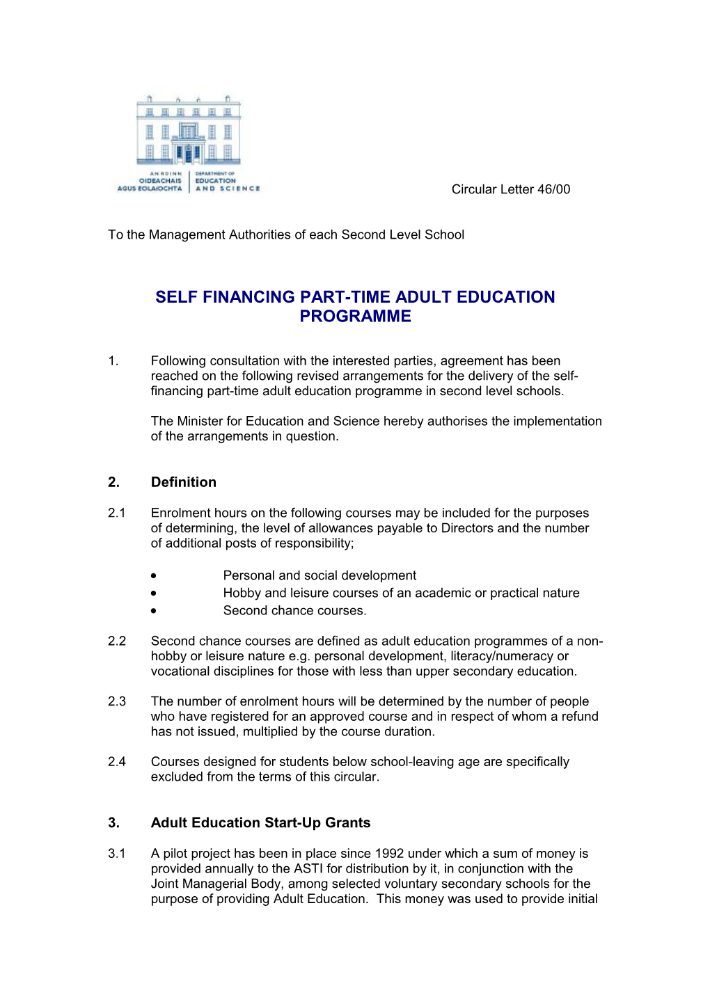 Post Primary Circular 46/00 - Self Financing Part-Time Adult Education Programme (File