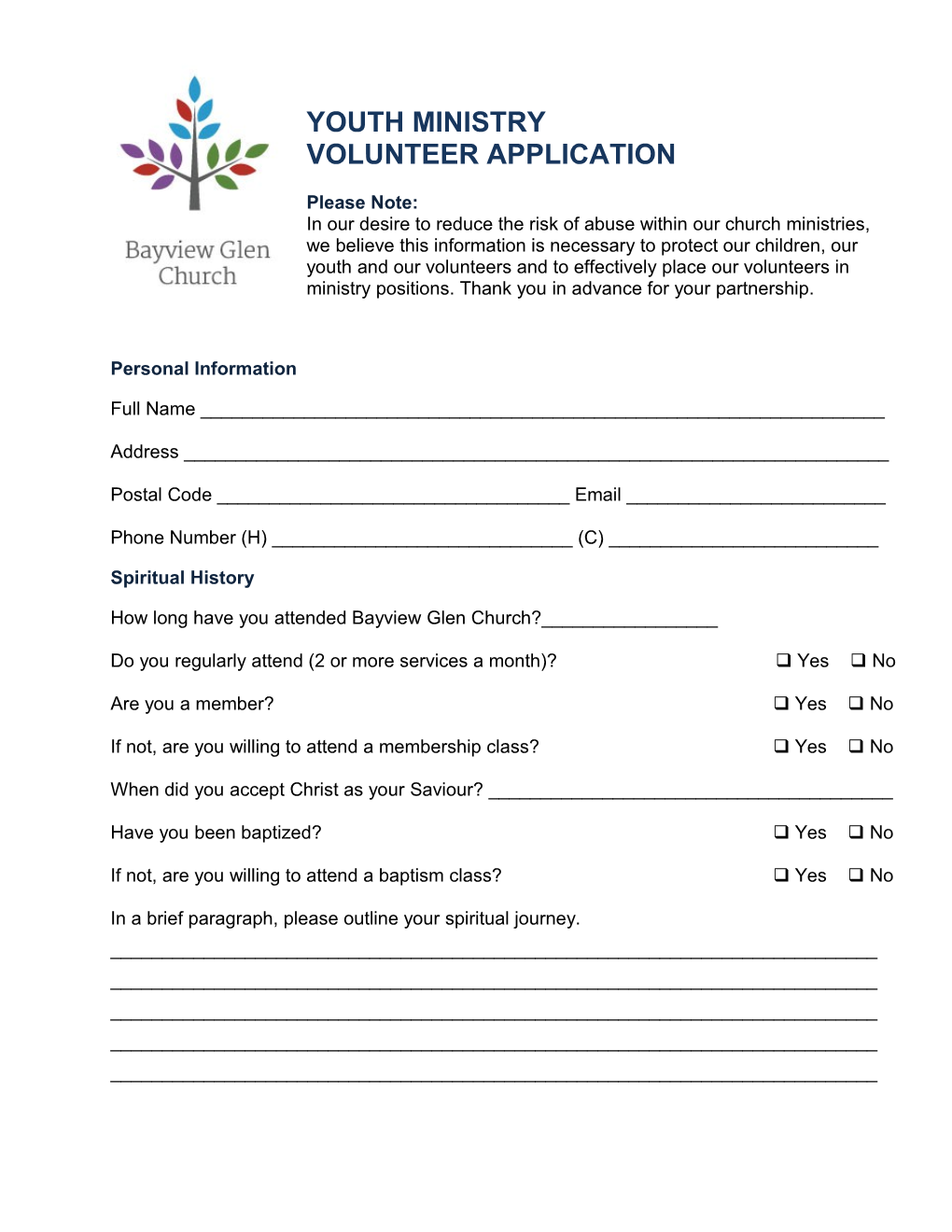 Youth Ministry Volunteer Application