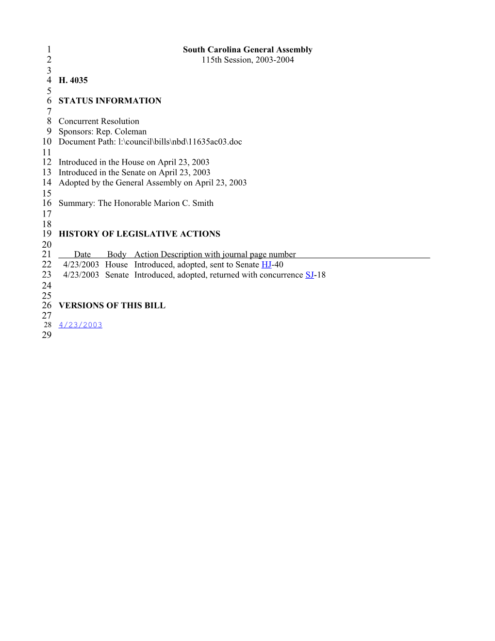 2003-2004 Bill 4035: the Honorable Marion C. Smith - South Carolina Legislature Online