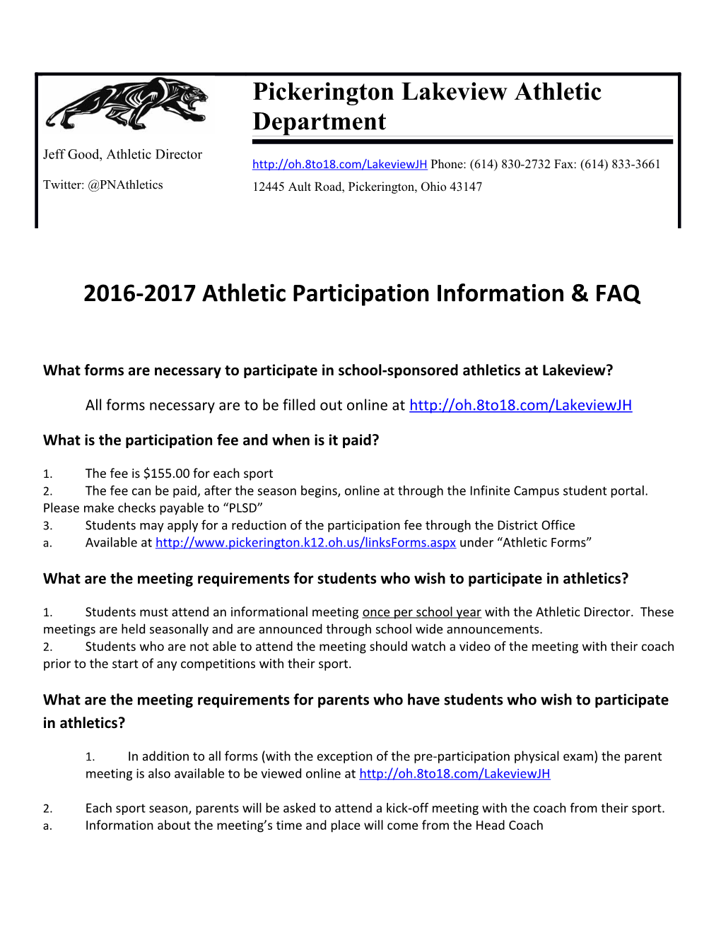 2016-2017 Athletic Participation Information & FAQ