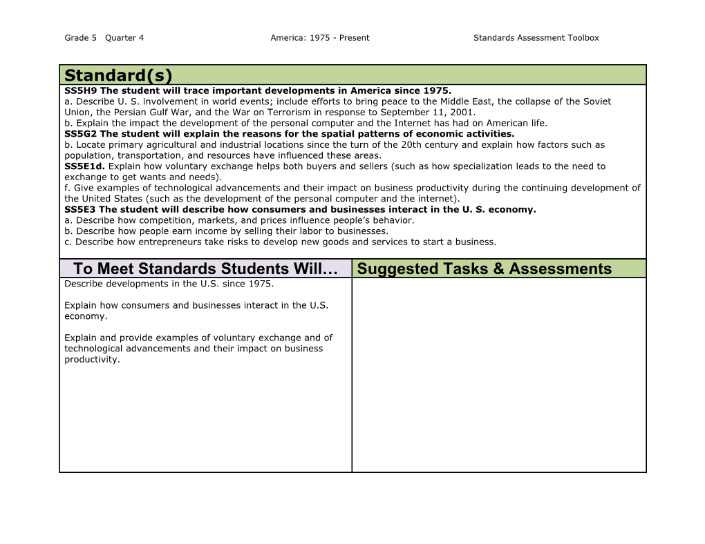 Grade 5 Quarter 4 America: 1975 - Present Standards Assessment Toolbox