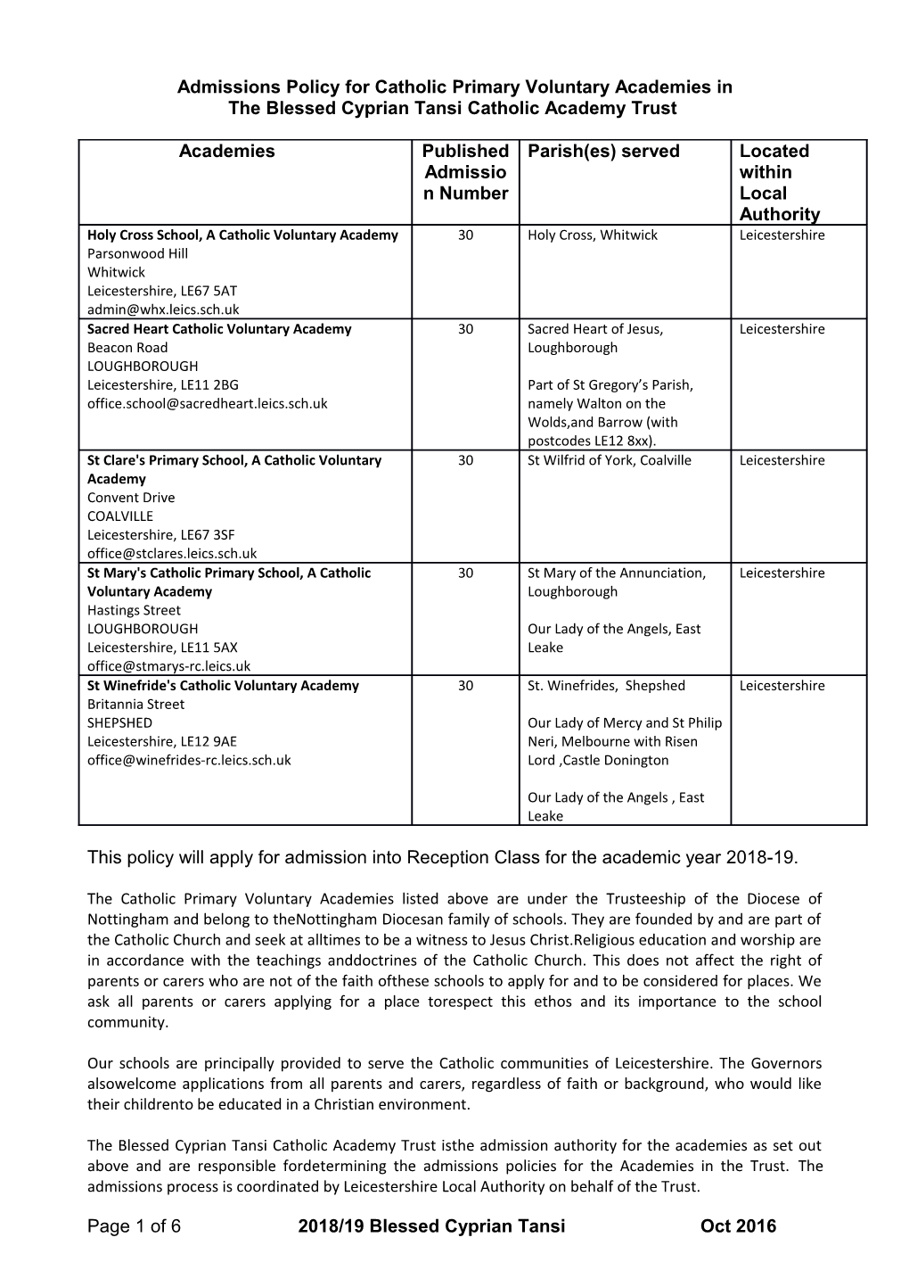 Admissions Policy for Catholic Primary Voluntary Academies In