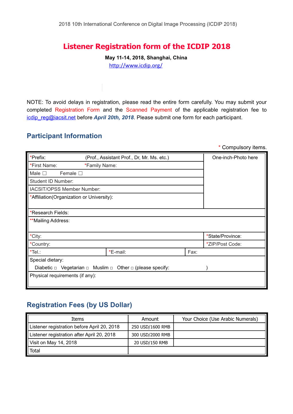 Listener Registration Form of Theicdip 2018