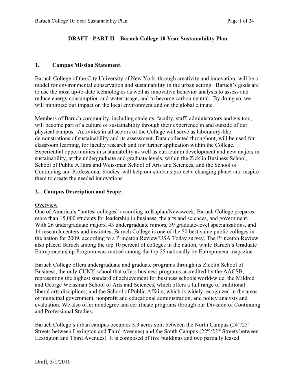 DRAFT - PART II Baruch College 10 Year Plan