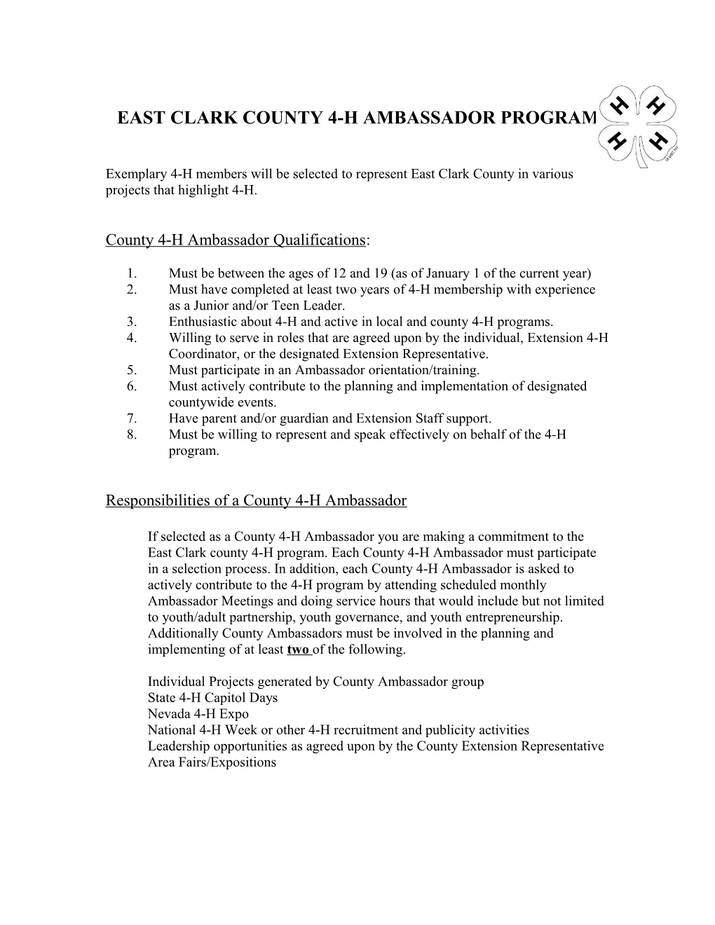 Washoe County 4-H Ambassador Program