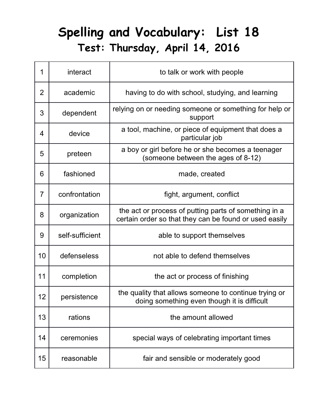 Spelling and Vocabulary: List 18