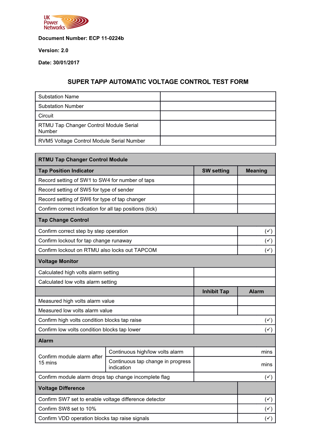 ECP 11-0224B Super TAPP Automatic Voltage Control Test Form