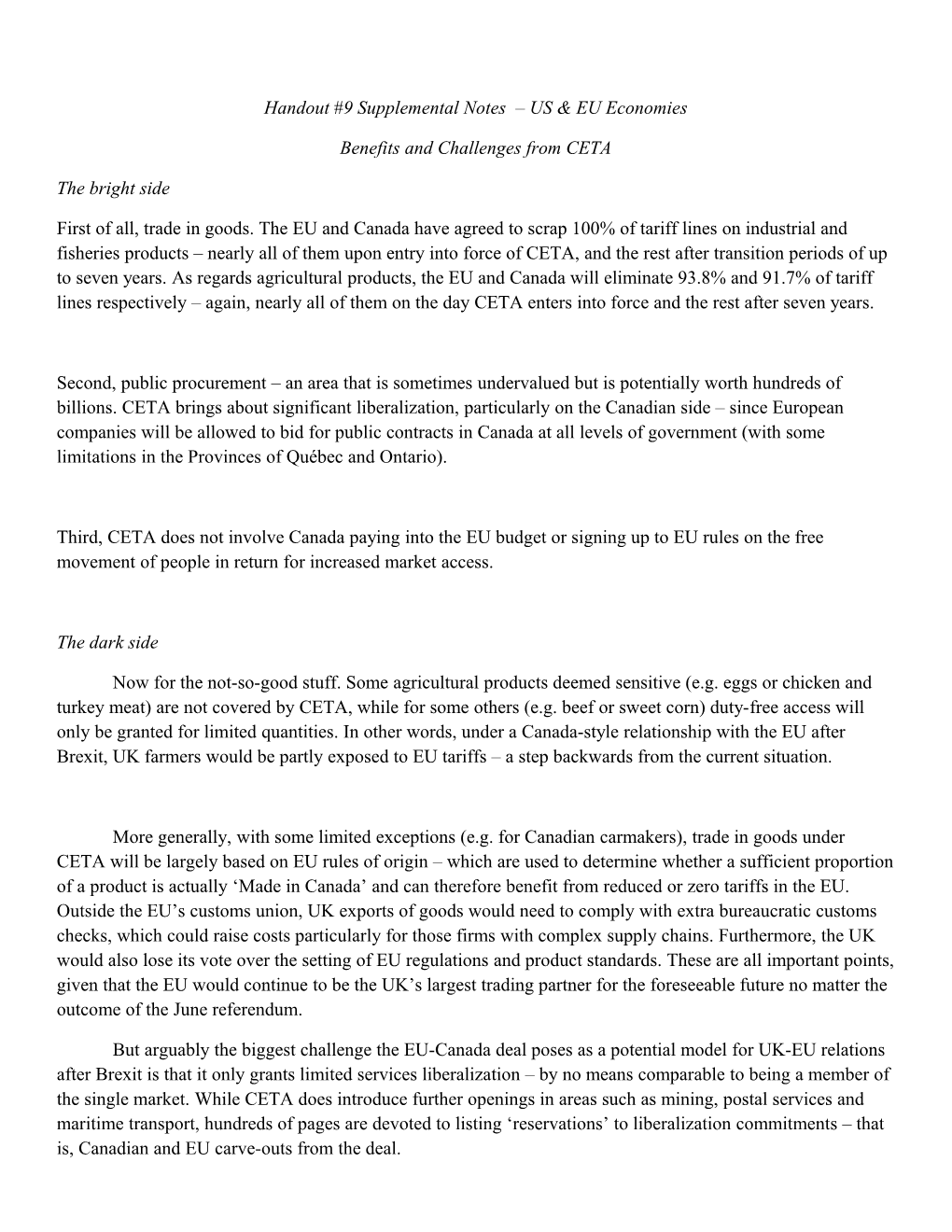 Handout #9 Supplemental Notes US & EU Economies