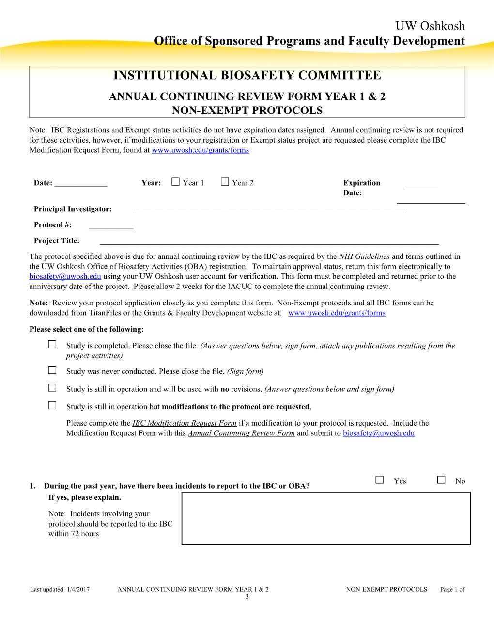 Annual Continuing Review Form Year 1 & 2 Non-Exempt Protocols
