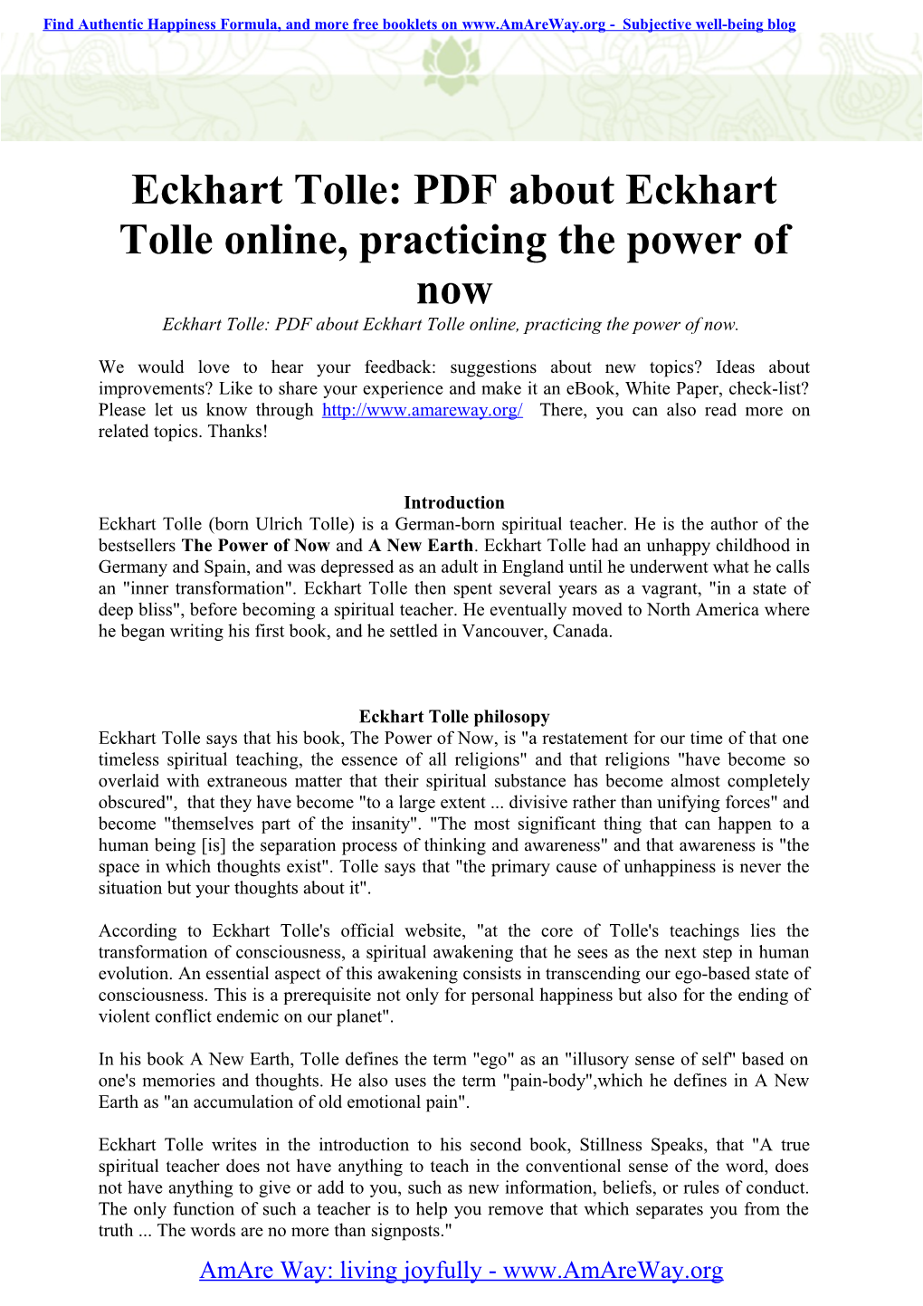 Eckhart Tolle: PDF About Eckhart Tolle Online, Practicing the Power of Now