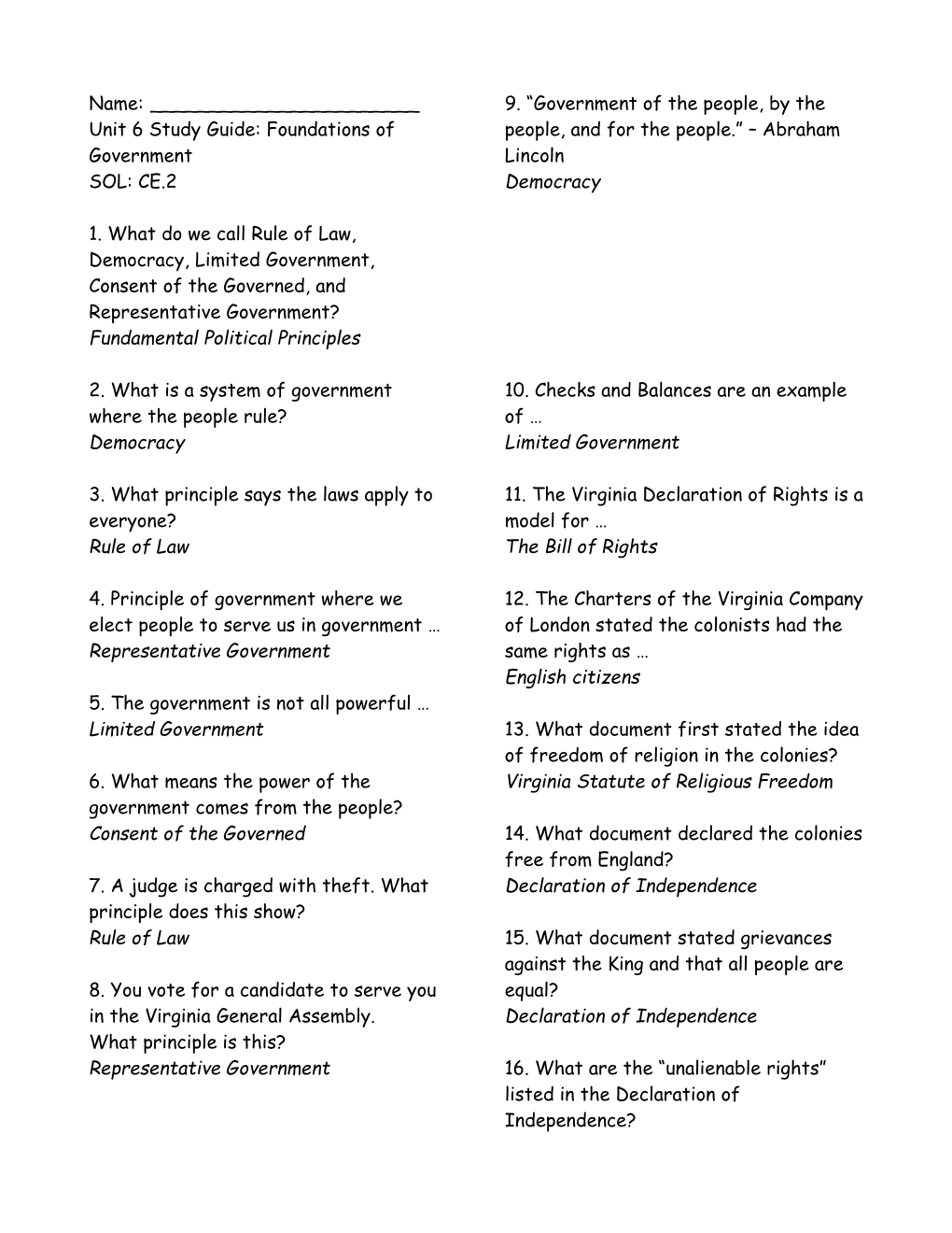 Unit 6 Study Guide:Foundations of Government