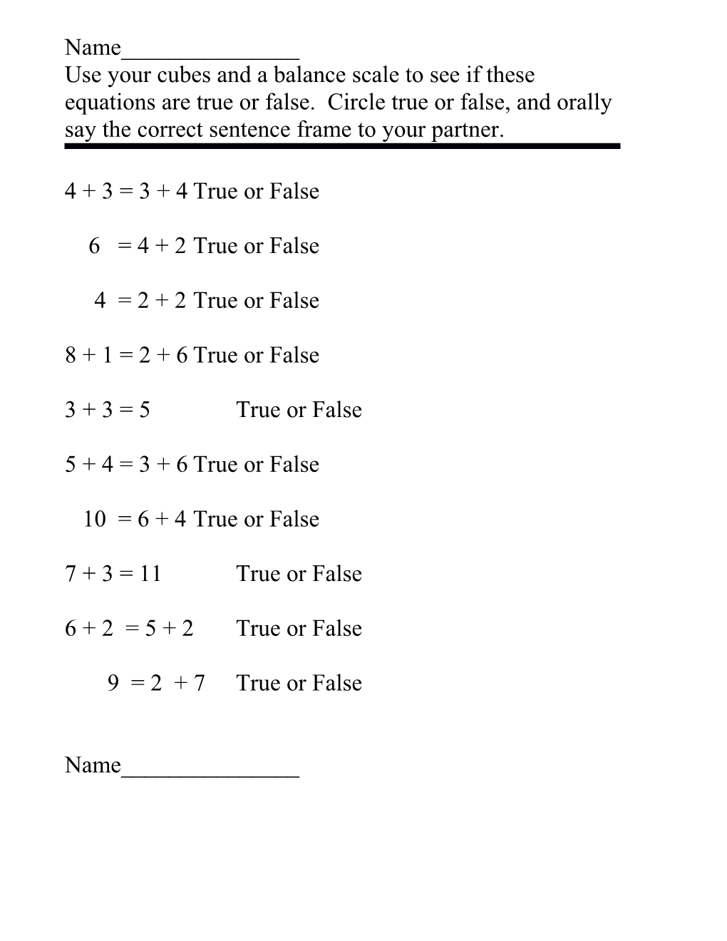 Use Your Cubes and a Balance Scale to See If These Equations Are True Or False. Circle