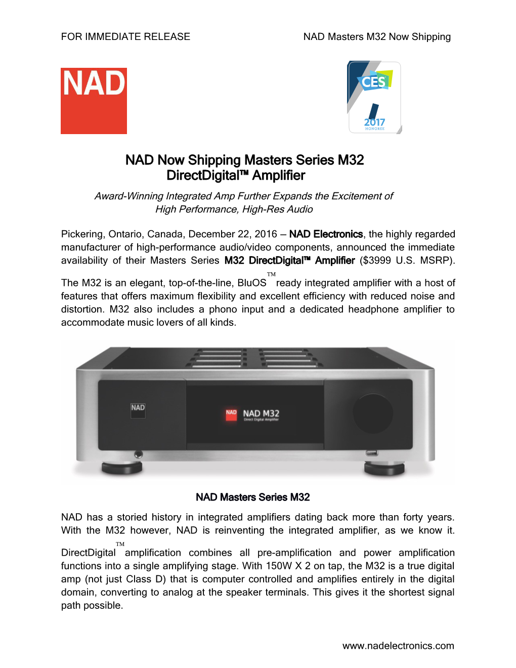 FOR IMMEDIATE RELEASE NAD Masters M32 Now Shipping