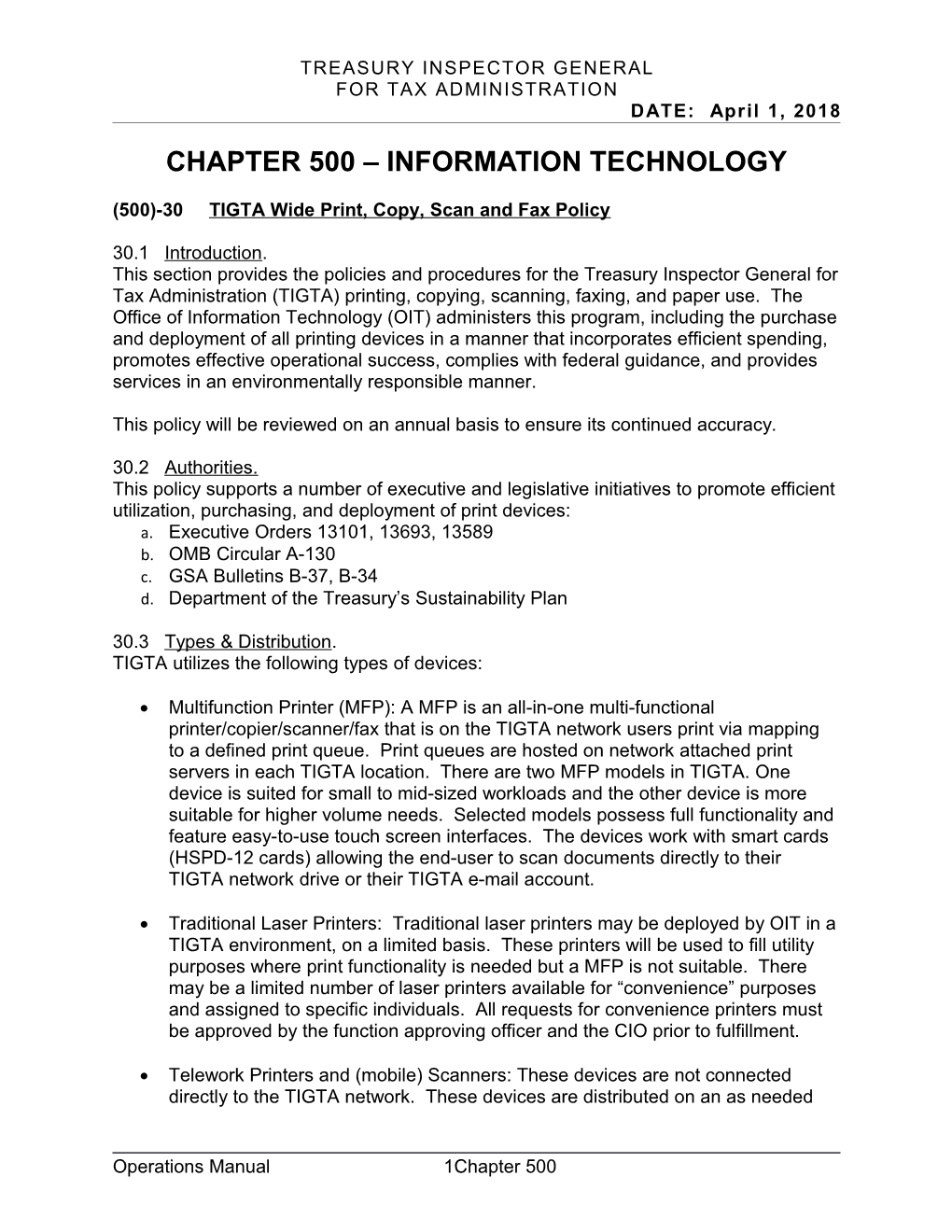 (500)-30 TIGTA Wide Print, Copy, Scan and Fax Policy