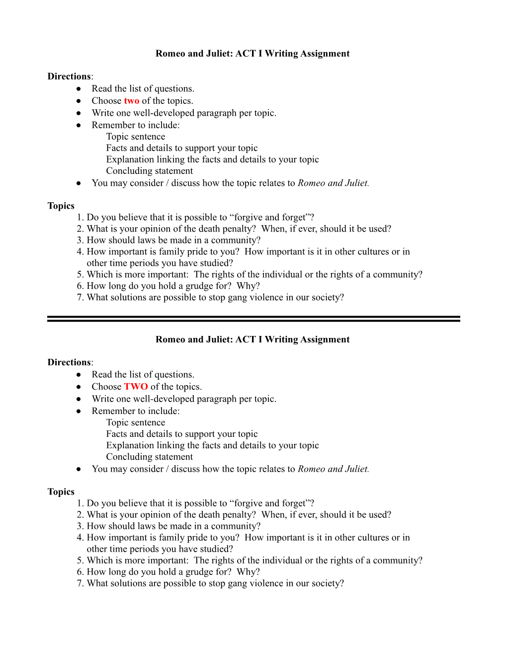 Romeo and Juliet: ACT I Writing Assignment