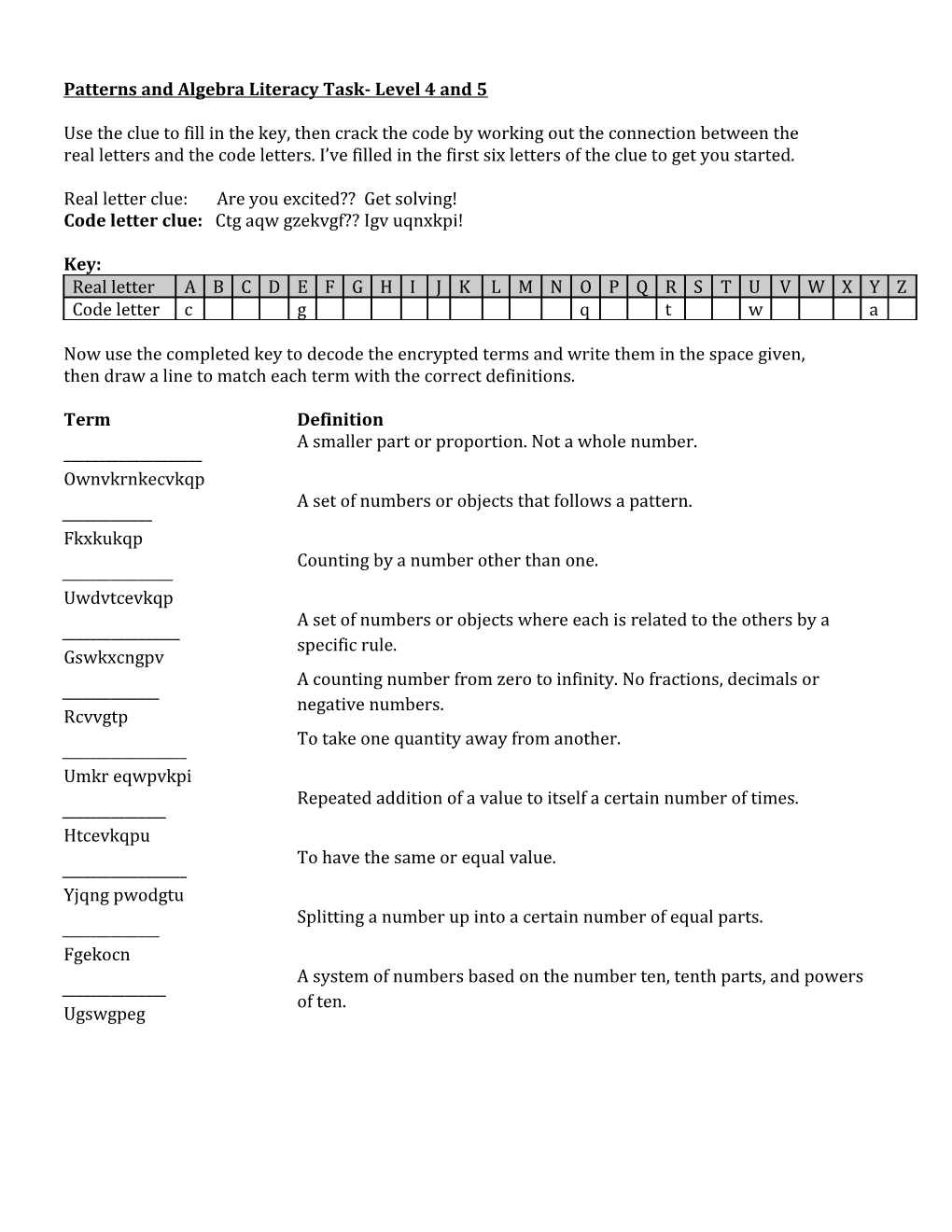 Patterns and Algebra Literacy Task- Level 4 and 5