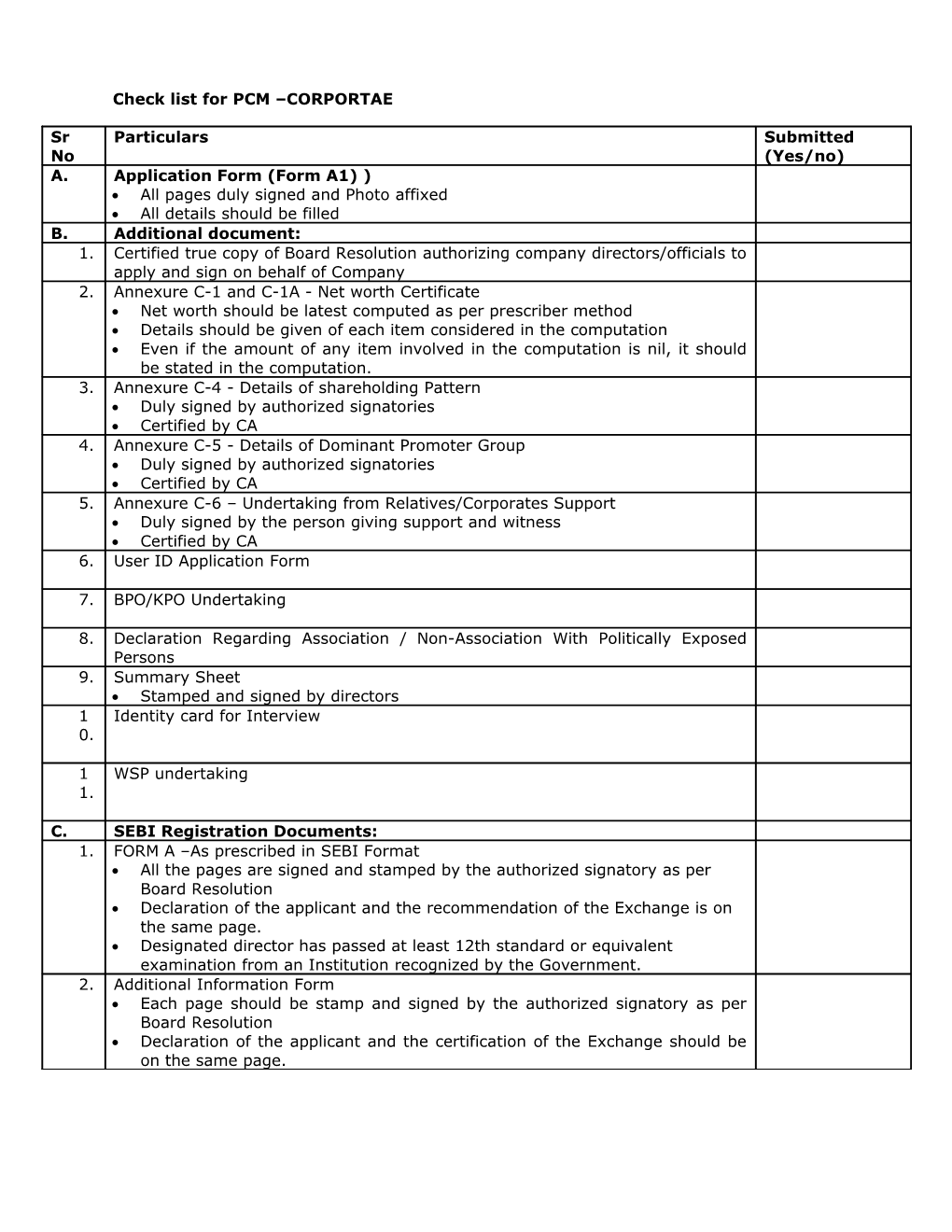 Check List for PCM CORPORTAE