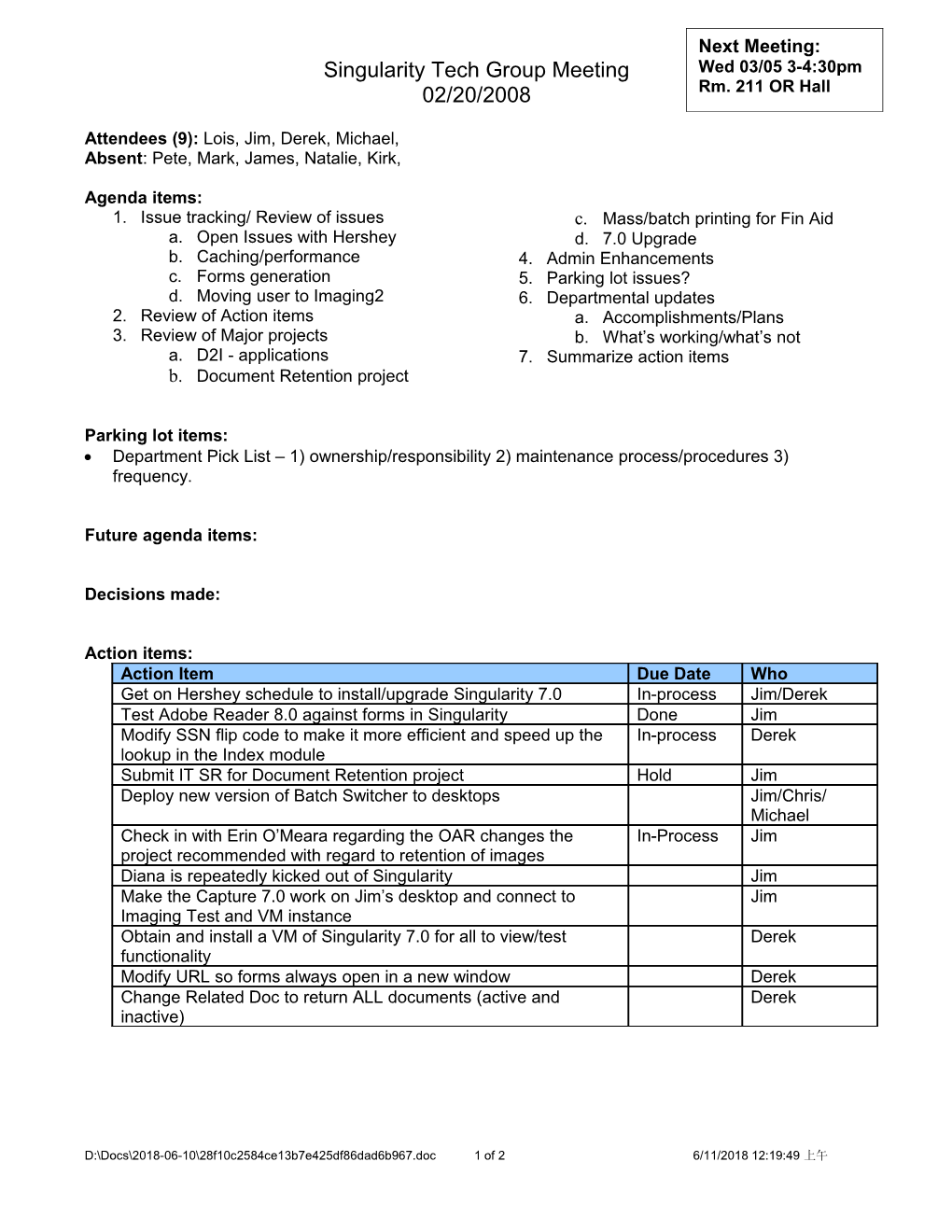 Registrar and Admissions Imaging Meeting Minutes - 02/07/06