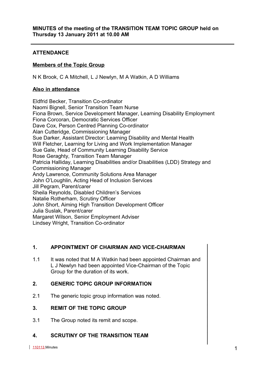 Minutes of the Meeting Transitions Topic Group 13 January 2011