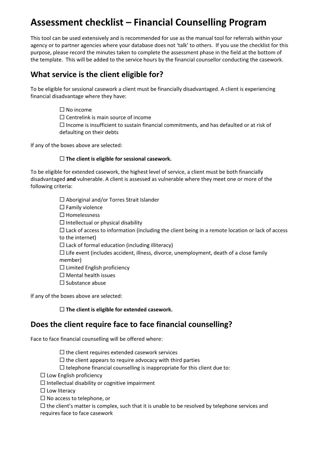 Assessment Checklist - Financial Counselling Program