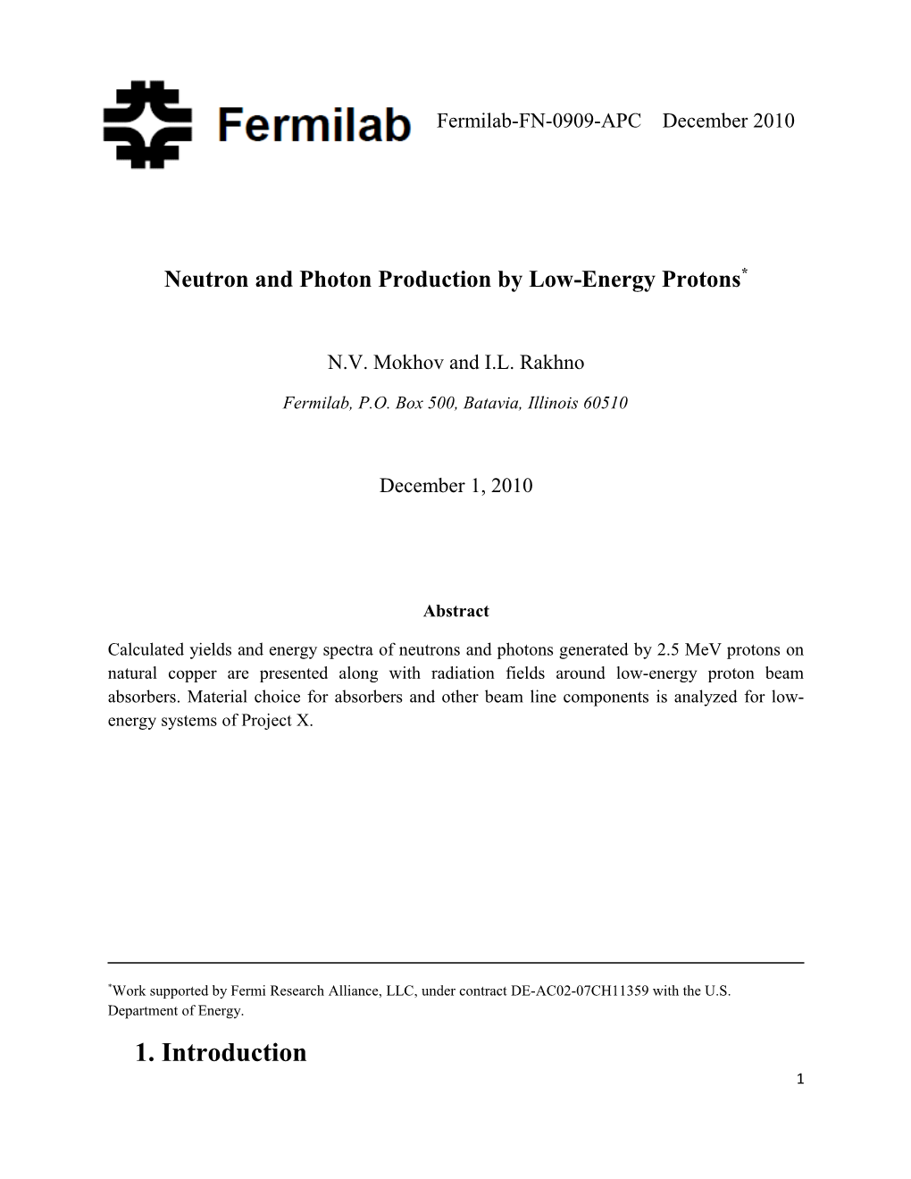Neutron and Photon Production by Low-Energy Protons*