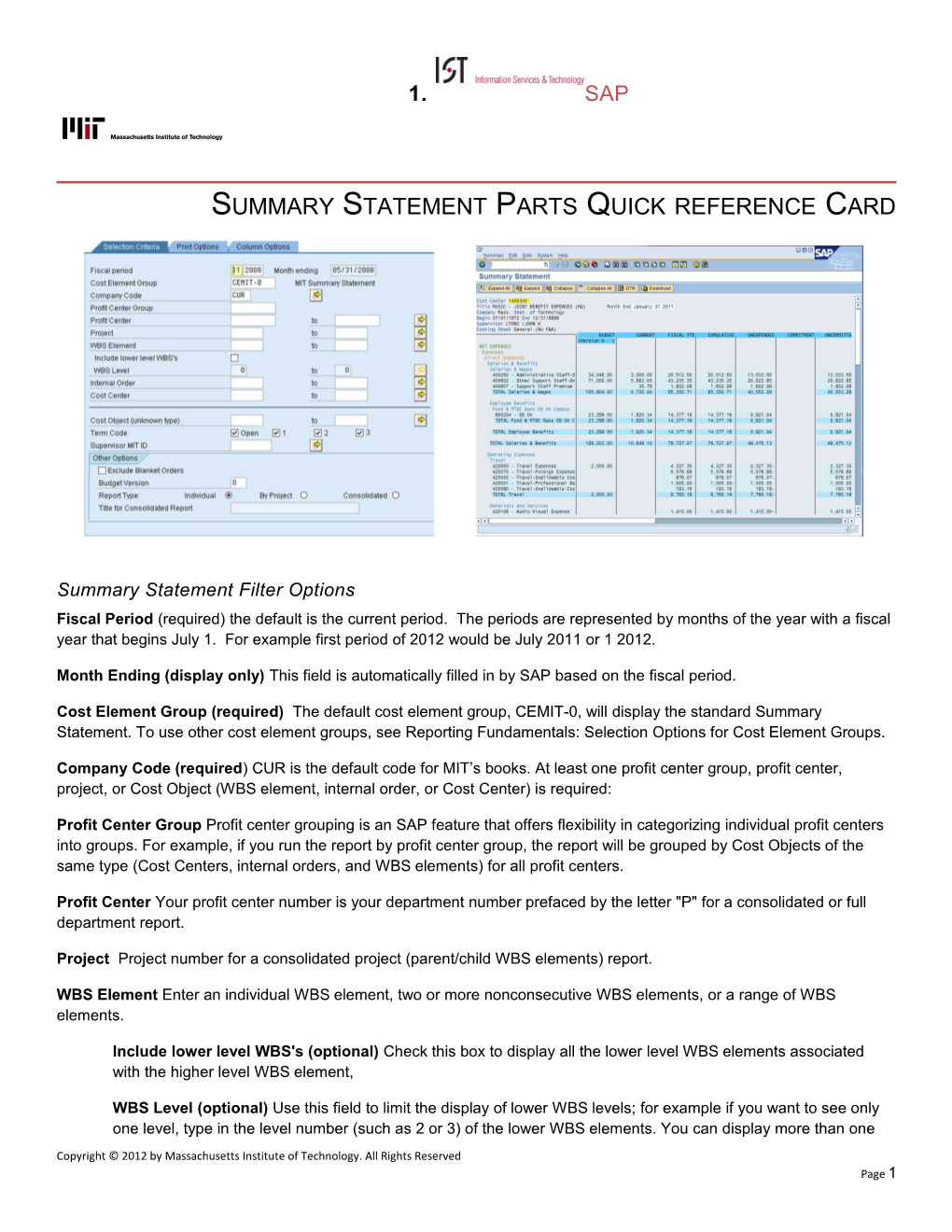 Summary Statement Parts Quick Reference Card