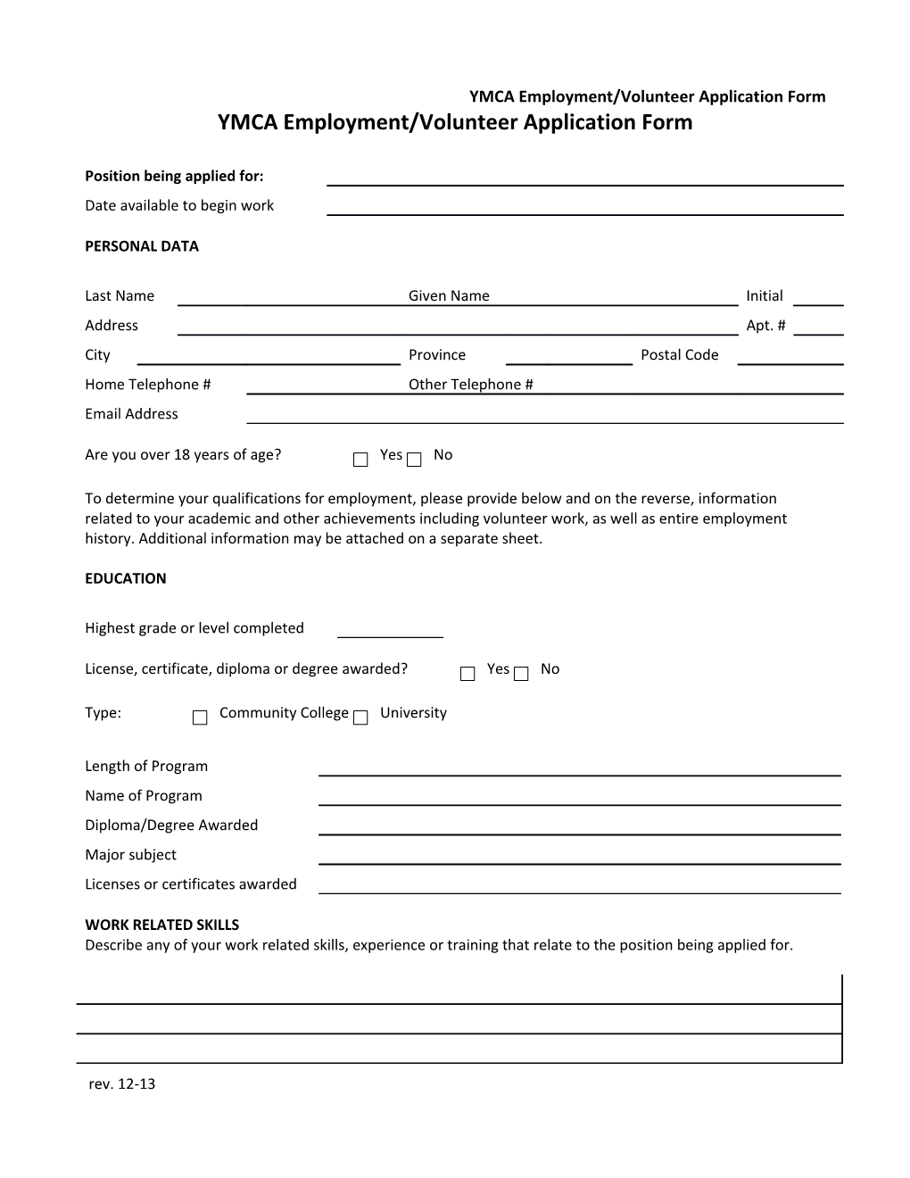 YMCA Employment/Volunteer Application Form