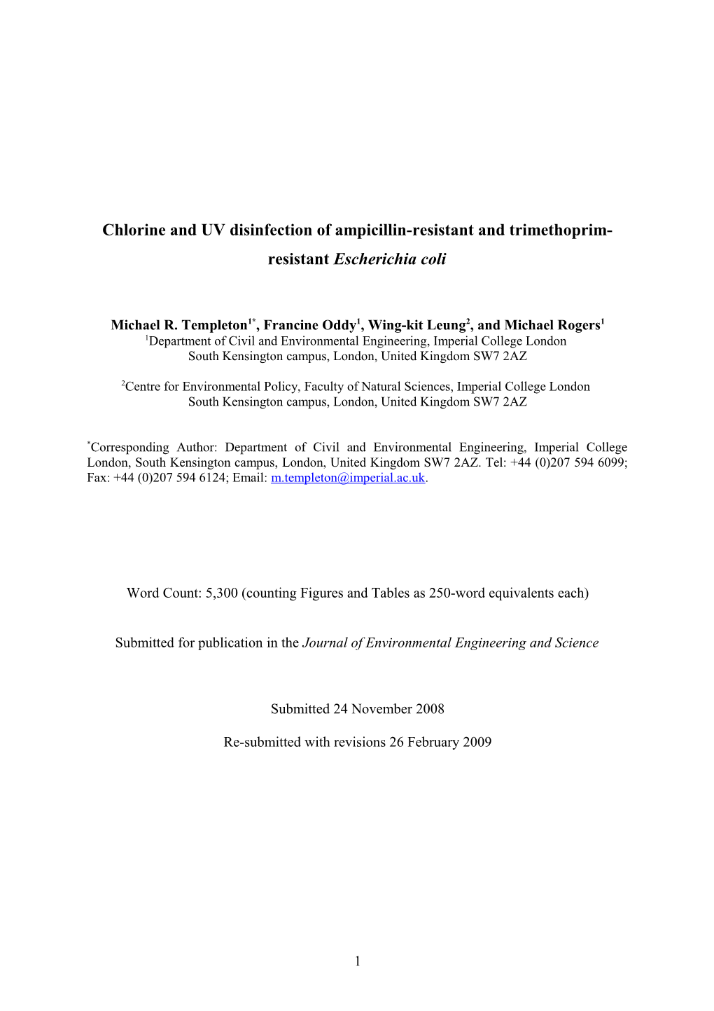 UV Disinfection of Antibiotic-Resistant Escherichia Coli