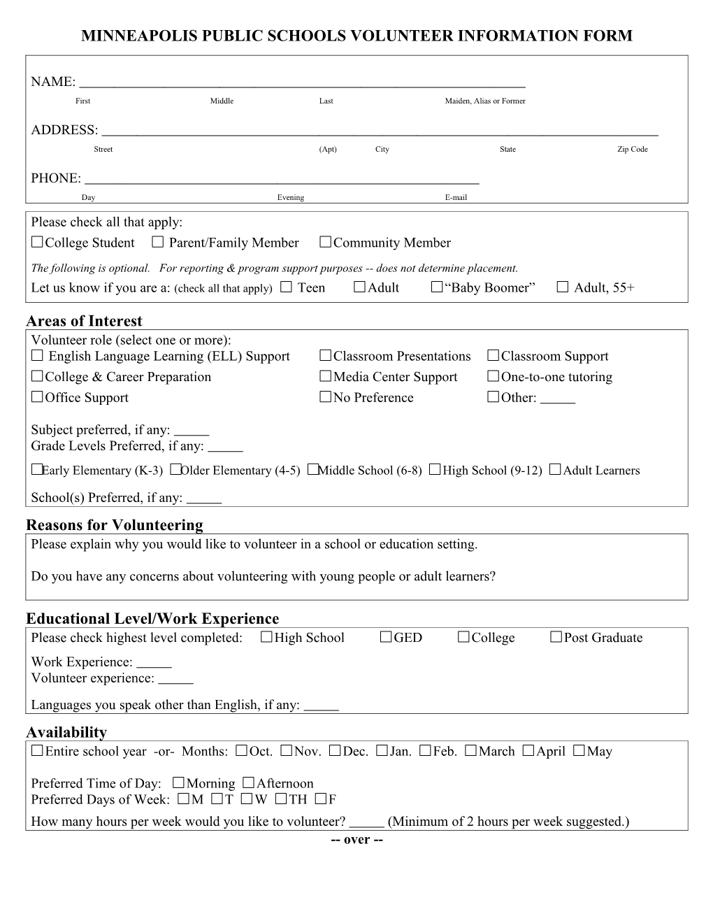 Minneapolis Public Schools Volunteer Information Form