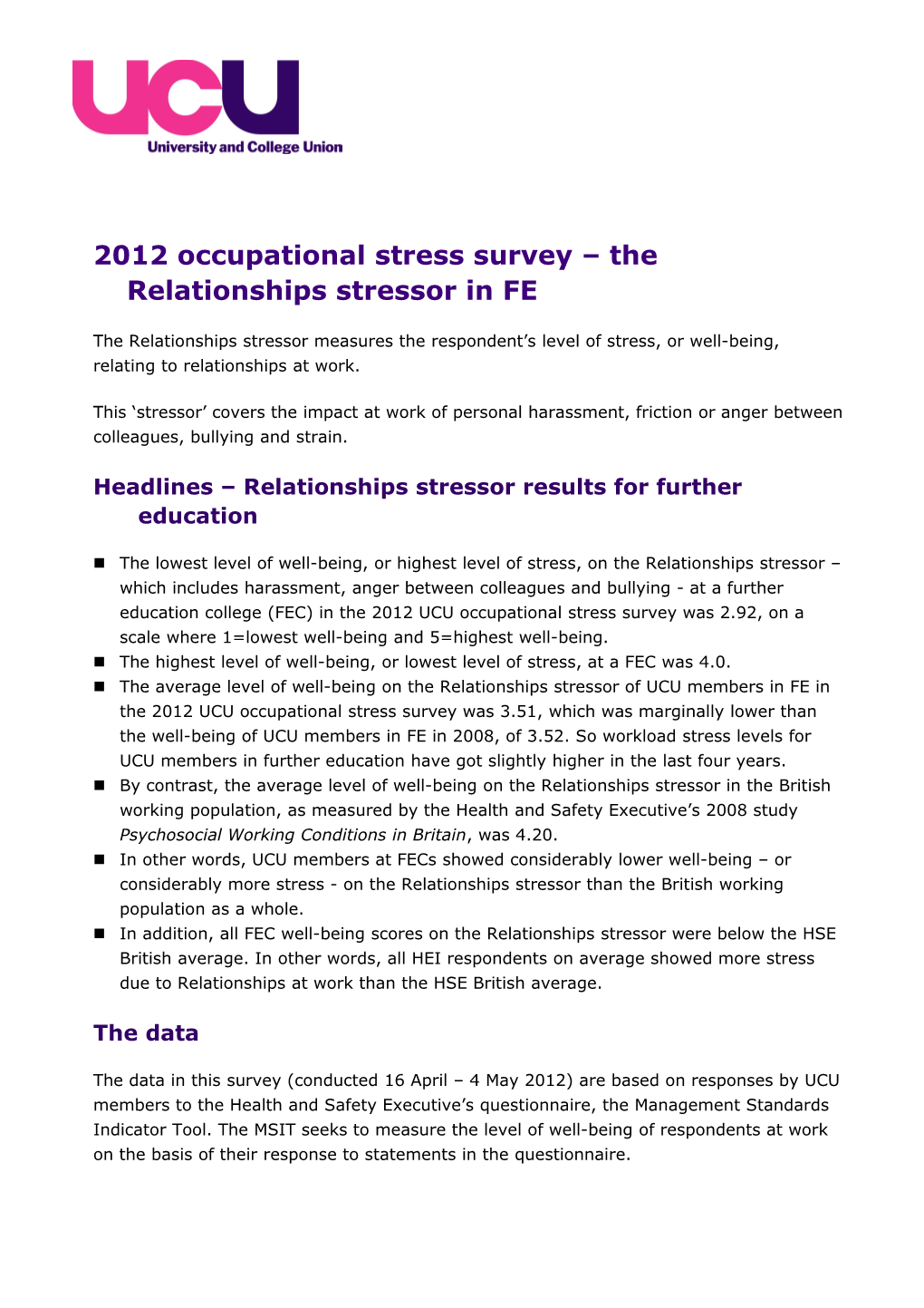 2012 Occupational Stress Survey the Relationships Stressor in FE