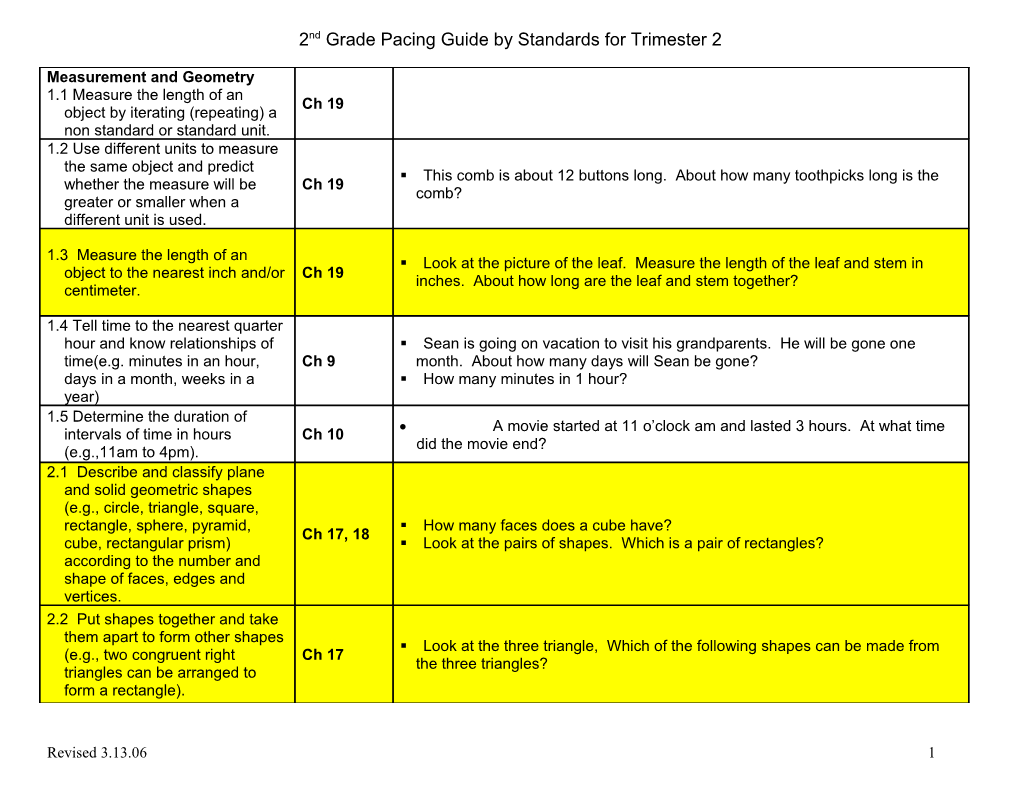 2Nd Grade Pacing Guide by Standards for Trimester 2