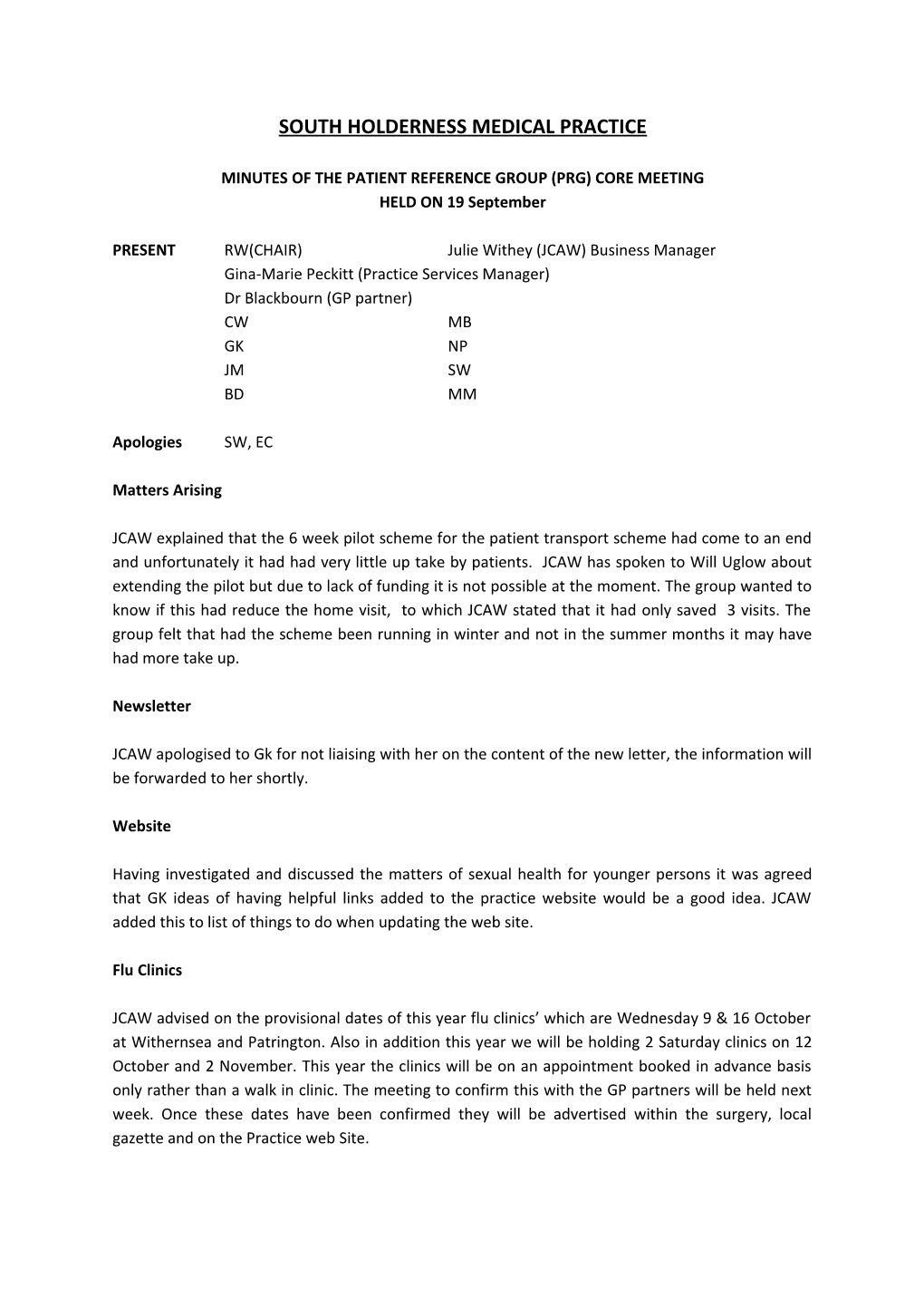 Minutes of the Patient Reference Group (Prg) Core Meeting